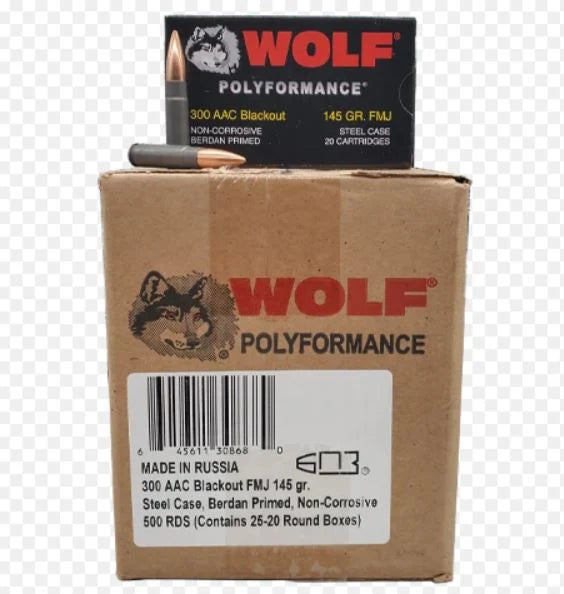 Wolf Steel Case .300 Blackout Rifle Ammo- 145 Grain | FMJ | 500rd Case