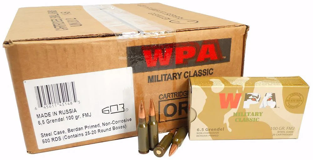 Wolf Steel Case 6.5 Grendel Rifle Ammo - 100 Grain | FMJ | 500rd Case