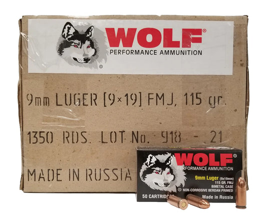 Wolf Bi-Metal Case 9mm Luger Handgun Ammo- 115 Grain | FMJ | *1350rd Case*