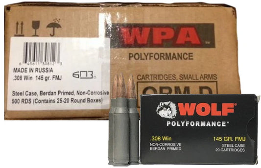 Wolf Steel Case .308 Win Rifle Ammo- 145 Grain | FMJ | 500rd Case