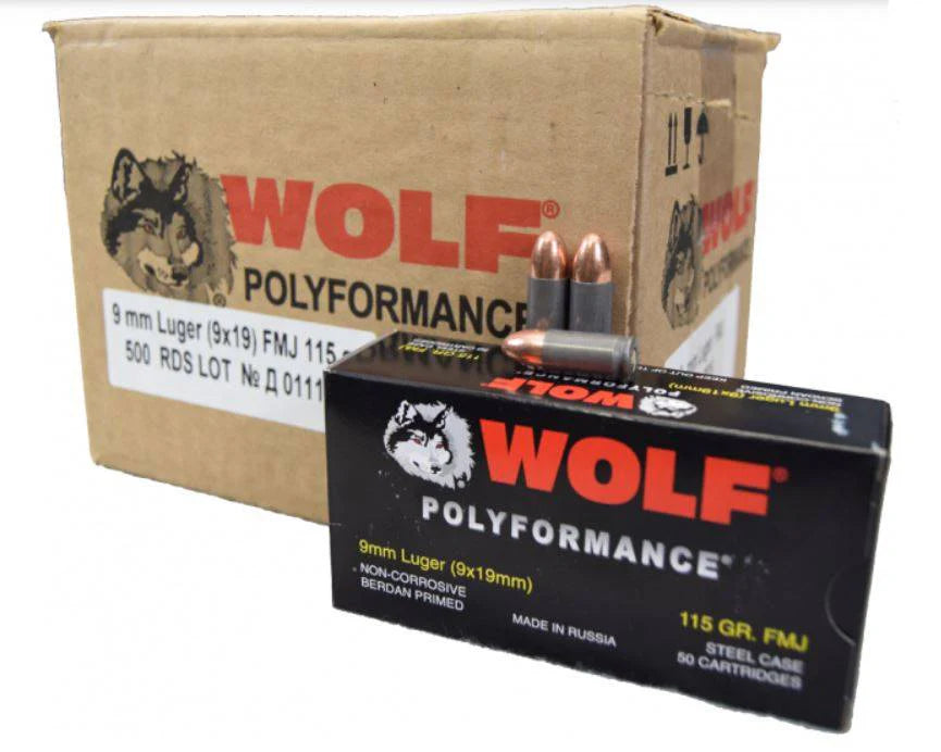 Wolf Steel Case 9mm Luger Handgun Ammo- 115 Grain | FMJ | 500rd Case