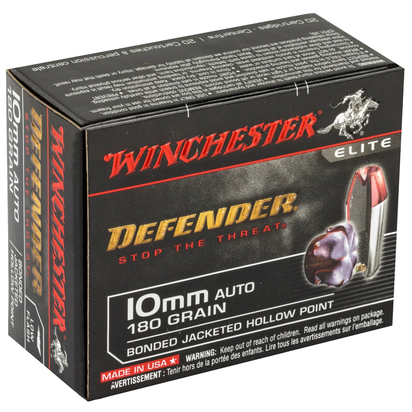 Winchester Ammunition, Defender, 10MM, 180 Grain, Bonded Jacketed Hollow Point  (20 Round Box)