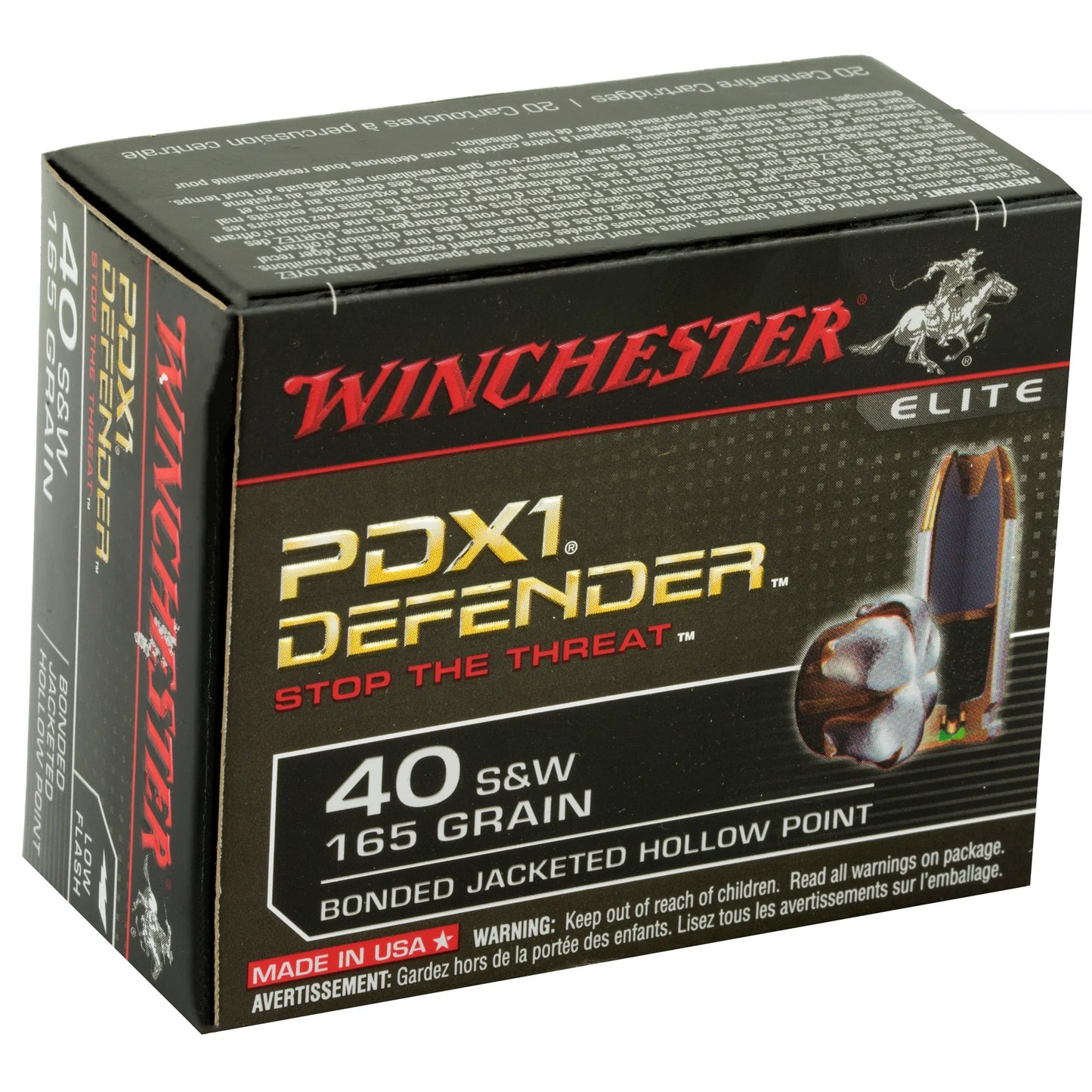 Winchester Ammunition, Defender, Supreme Elite, 40 S&W, 165 Grain | BJHP | PDX1  (20 Round Box)