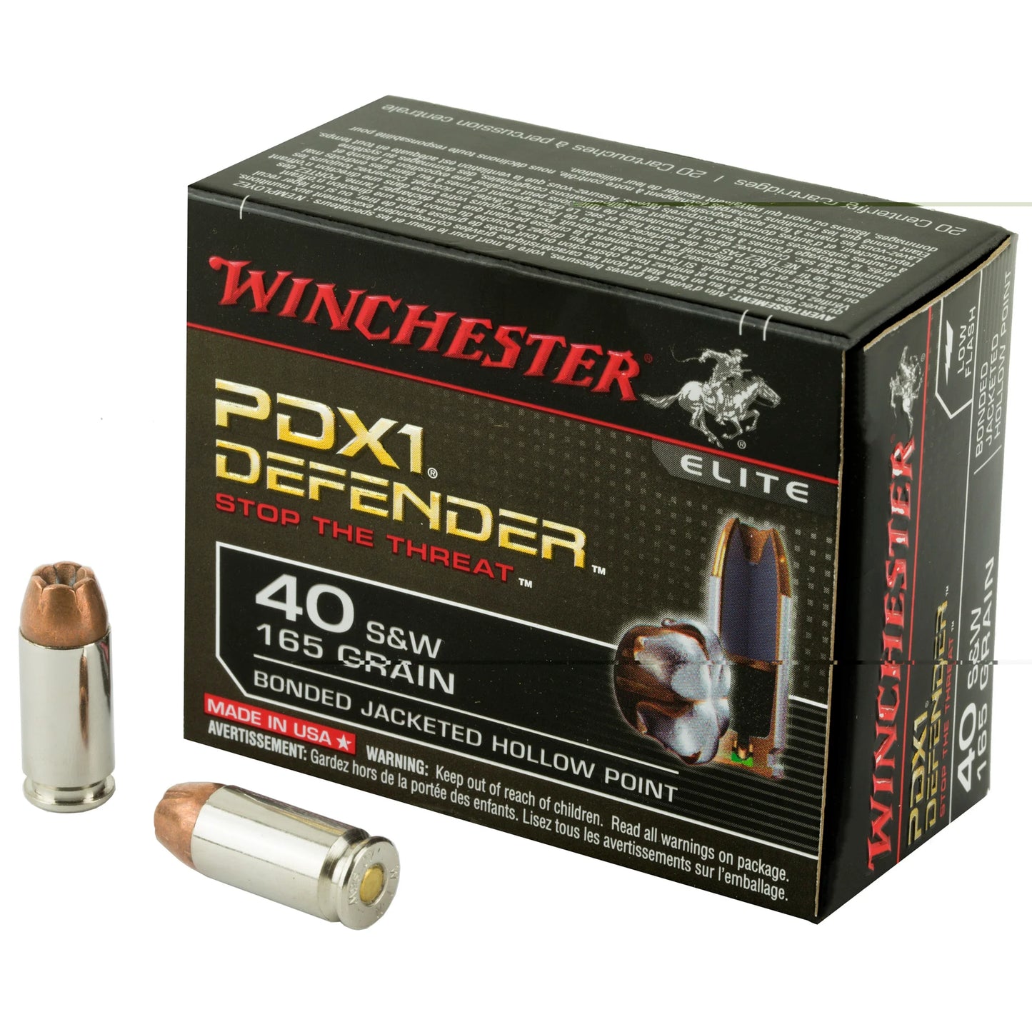 Winchester Ammunition, Defender, Supreme Elite, 40 S&W, 165 Grain | BJHP | PDX1  (20 Round Box)