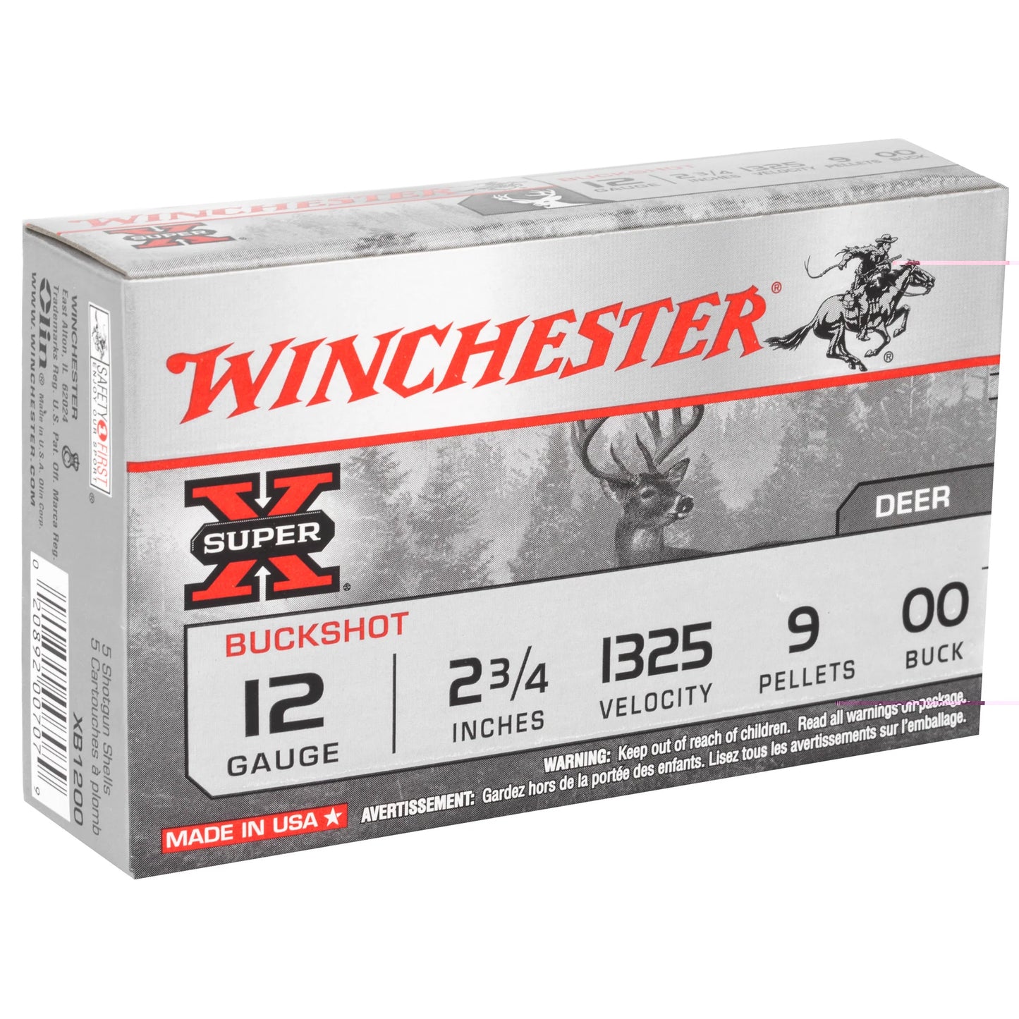 Winchester Ammunition, Super-X, 12 Gauge, 2.75", 00 Buck, Buckshot, 9 Pellets  (5 Round Box)