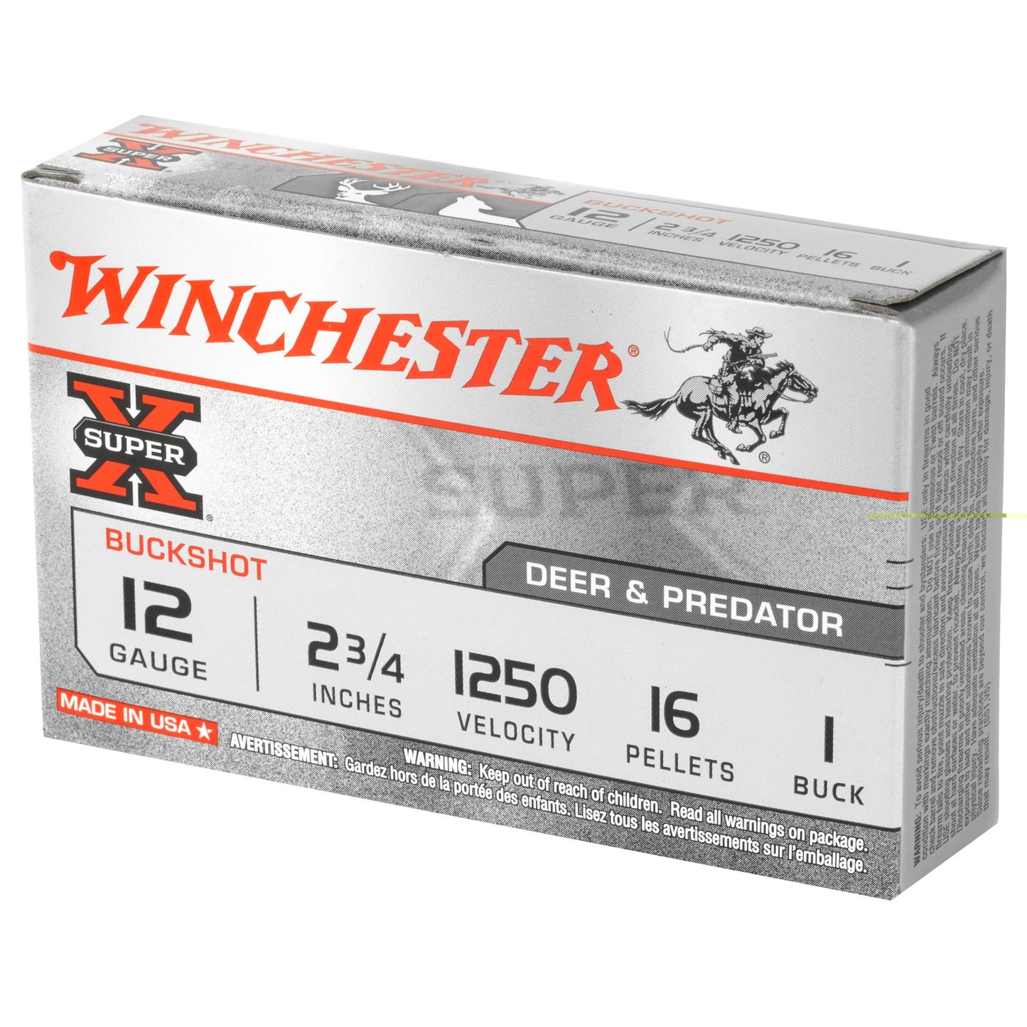 Winchester Ammunition, Super-X, 12 Gauge, 2.75", 1 Buck, Buckshot, 16 Pellets  (5 Round Box)