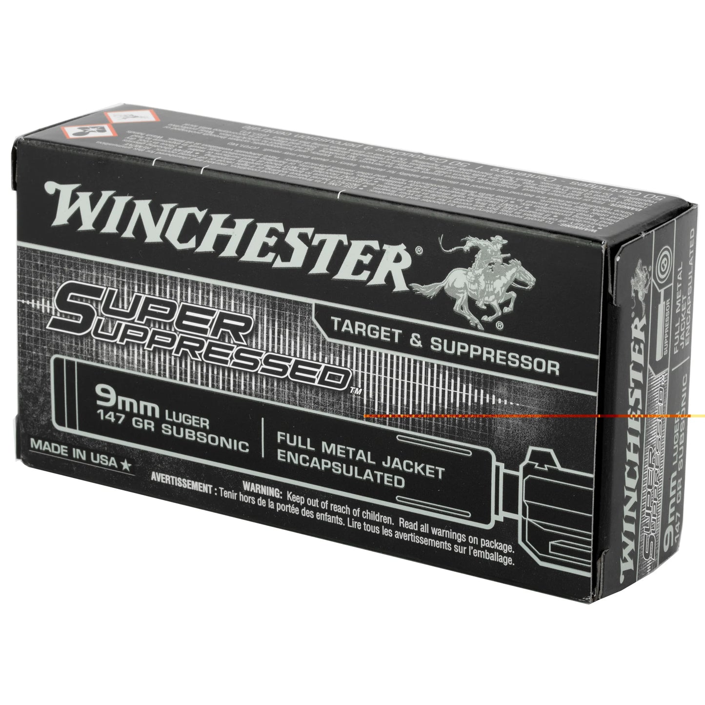 Winchester Ammunition, Super Suppressed, 9MM, 147 Grain | FMJ | Encapsulated  (50 Round Box)