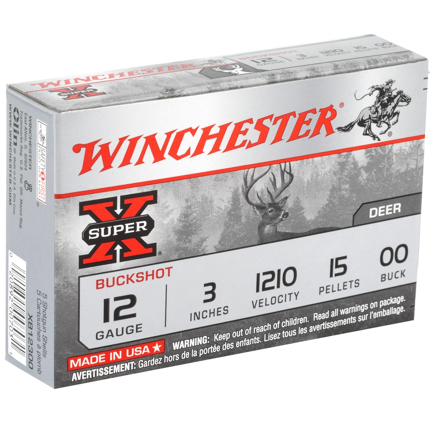 Winchester Ammunition, Super-X, 12 Gauge, 3", 00 Buck, Buckshot, 15 Pellets  (5 Round Box)