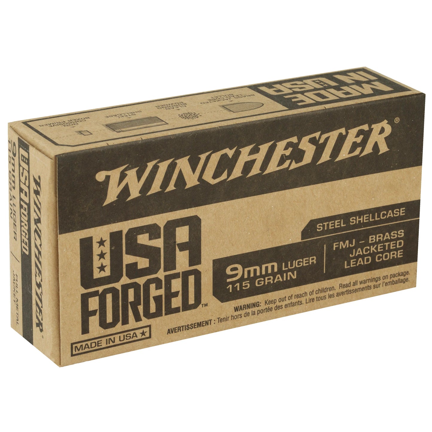 Winchester Ammunition, USA Forged, 9MM, 115 Grain, Brass Jacketed Lead Core | FMJ | Steel Cased  (50 Round Box)