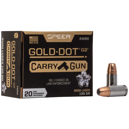 Speer Ammunition, Speer Gold Dot, 9MM, 135Gr, Gold Dot Hollow Point, 20 Round Magazine