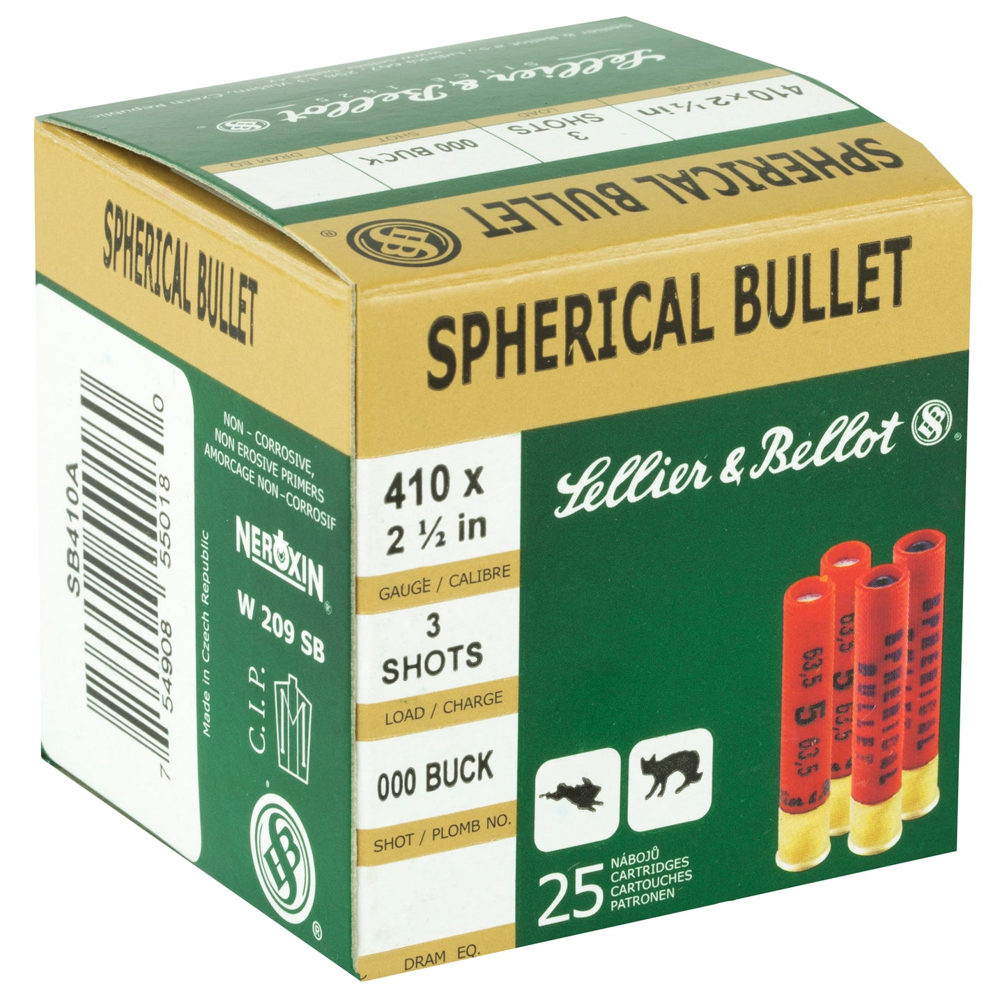 Sellier & Bellot, Shotshell, 410 Gauge, 2.5" Chamber, Buckshot 3 Balls  (25 Round Box)