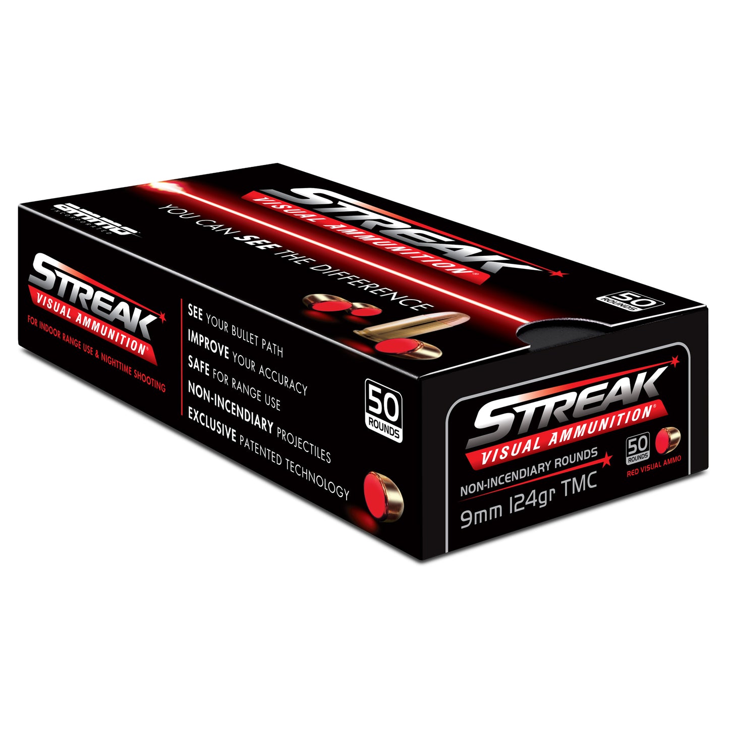 STREAK Ammunition, Visual Ammunition, 9MM, 124Gr, Total Metal Coating, Tracer, 50 Round Box