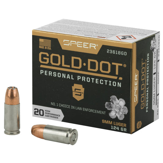 Speer Ammunition, Speer Gold Dot, Personal Protection, 9MM, 124 Grain, Hollow Point, 20 Round Box