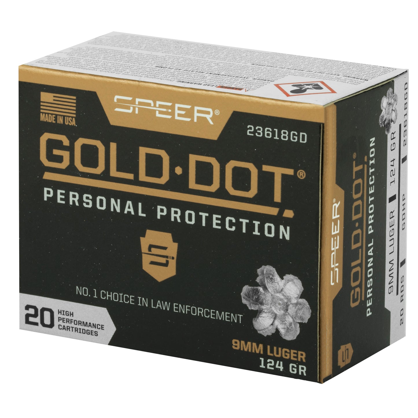 Speer Ammunition, Speer Gold Dot, Personal Protection, 9MM, 124 Grain, Hollow Point, 20 Round Box