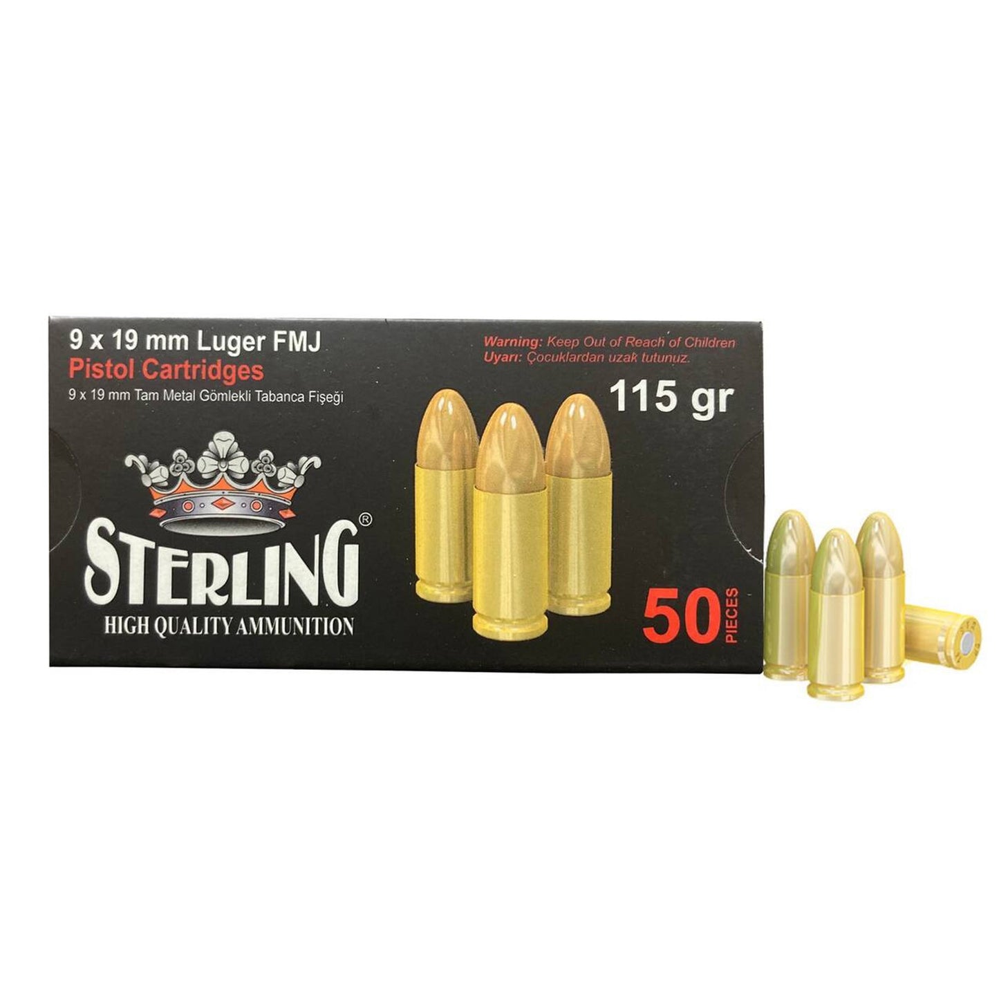 Sterling, Brass Case, 9MM, 115 Grain, Full Metal Jacket, 50 Round Box