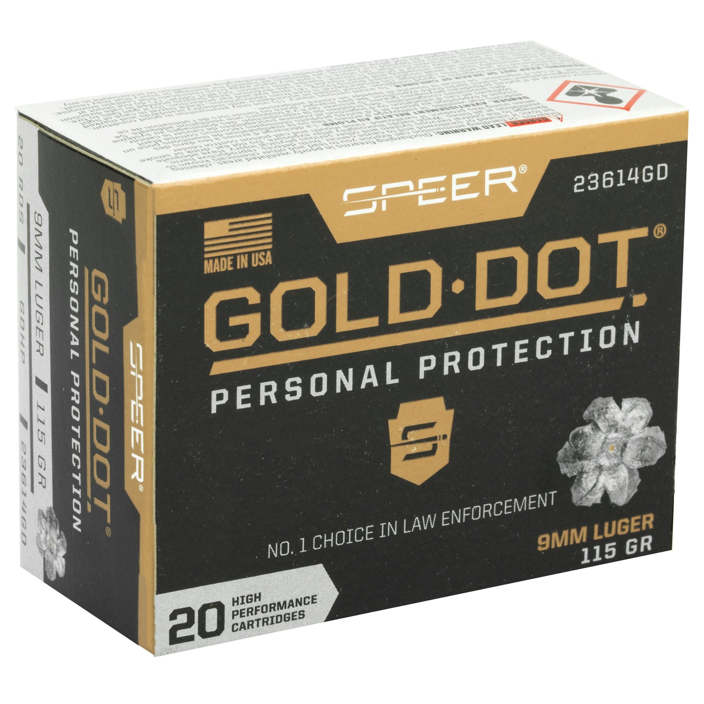 Speer Ammunition, Speer Gold Dot, Personal Protection, 9MM, 115 Grain, Hollow Point, 20 Round Box