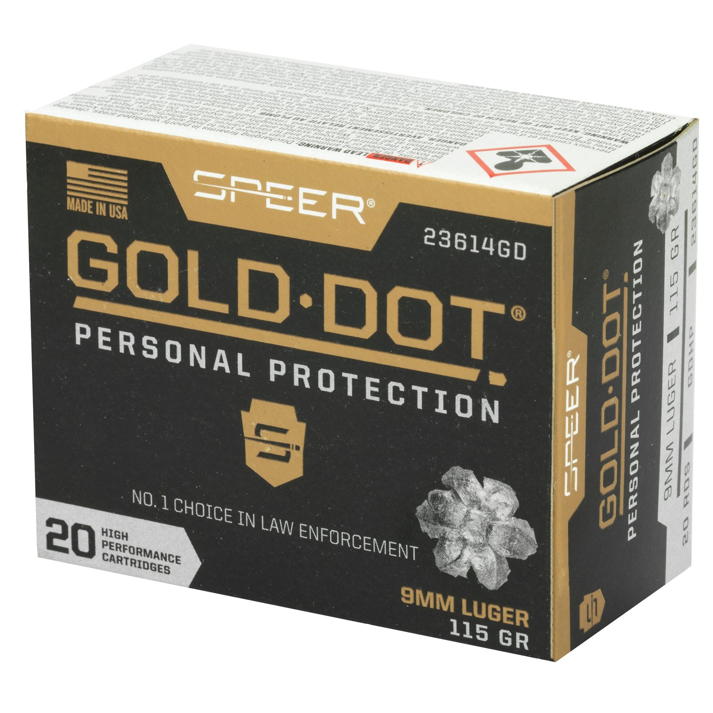 Speer Ammunition, Speer Gold Dot, Personal Protection, 9MM, 115 Grain, Hollow Point, 20 Round Box