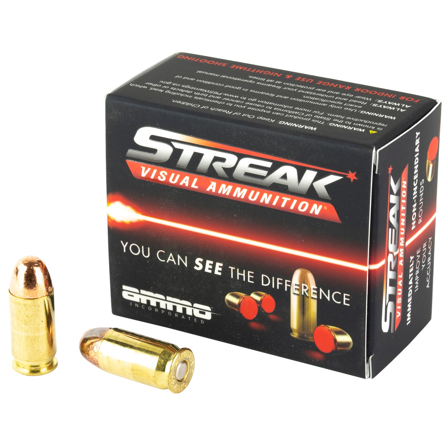 STREAK Ammunition, Visual Ammunition, 45 ACP, 230 Grain, Total Metal Coating, Non-Incendiary Tracer, (20 Round Box)