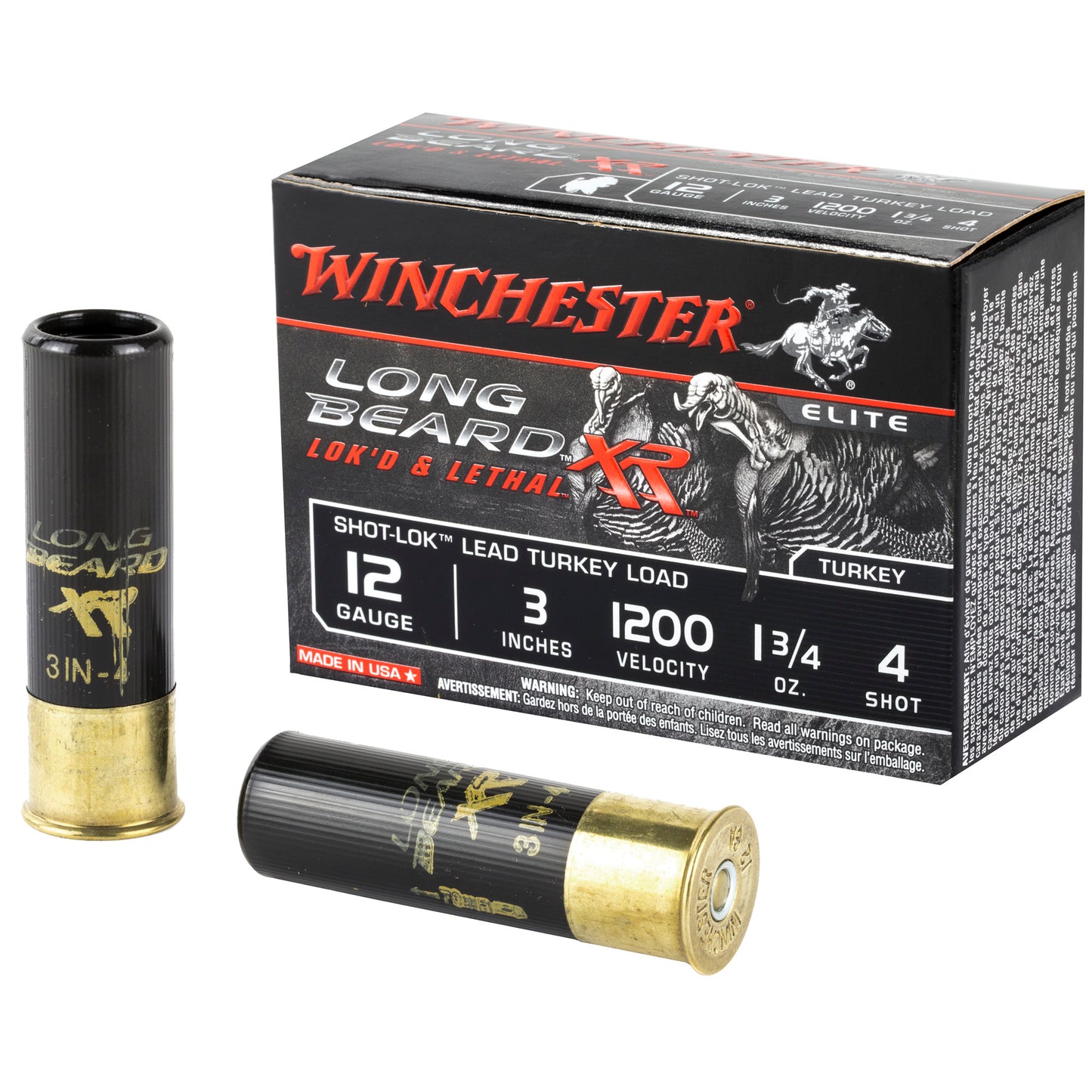 Winchester Ammunition, Long Beard XR, 12 Gauge, 3" Chamber, #4, 1.75 oz, Shotshell Shot-Lok with Lead Shot  (10 Round Box)