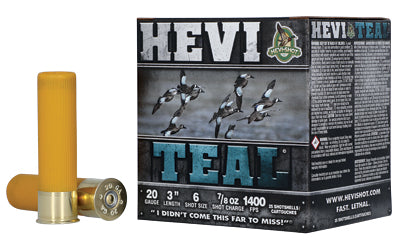 HEVI-Shot, HEVI-SHOT, HEVI-TEAL, 20 Gauge 3", #6, 7/8 oz., Bismuth  (250 Round Case)