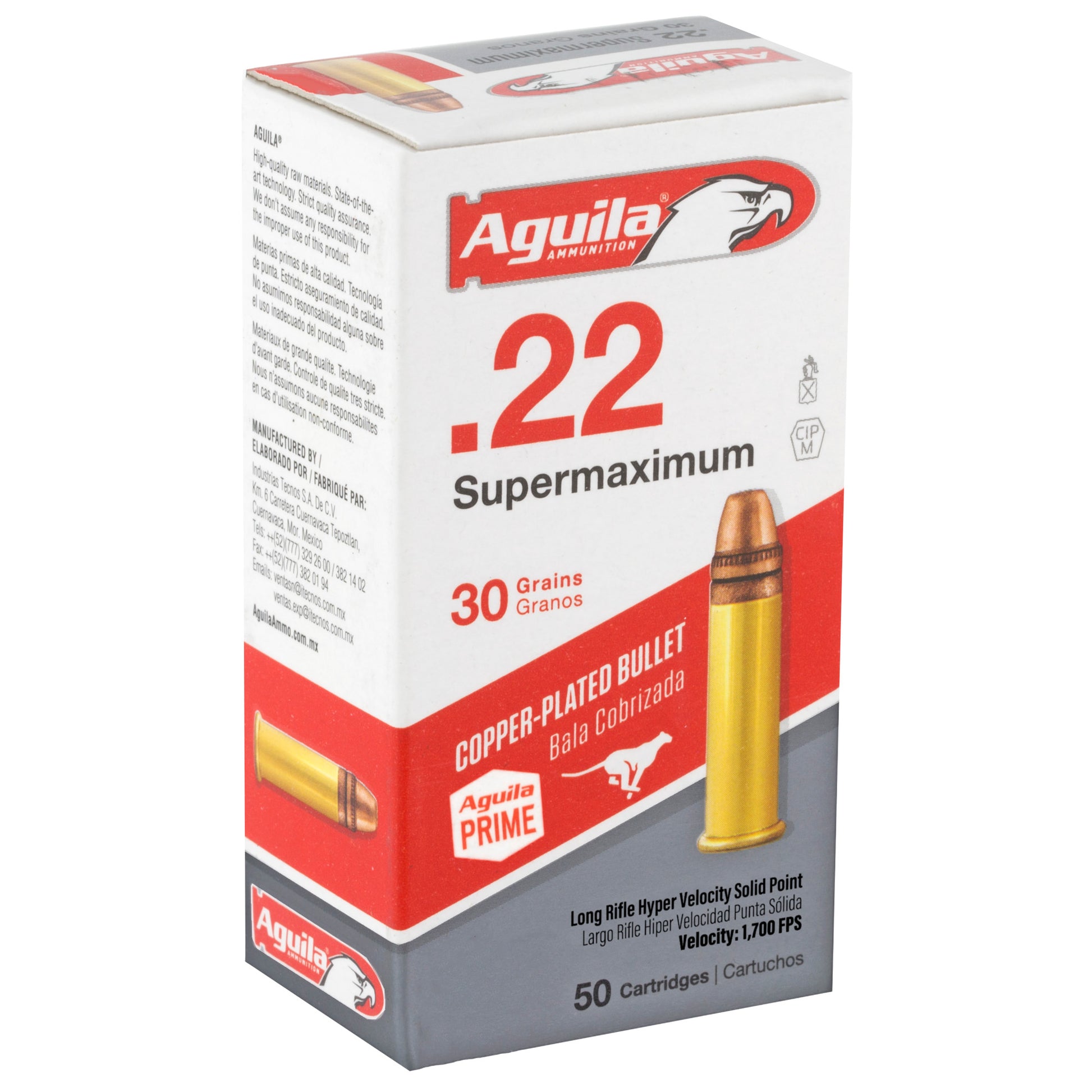 Aguila Ammunition, Supermaximum, Hyper Velocity, 22LR, 30 Grain, Copper-Plated Solid Point