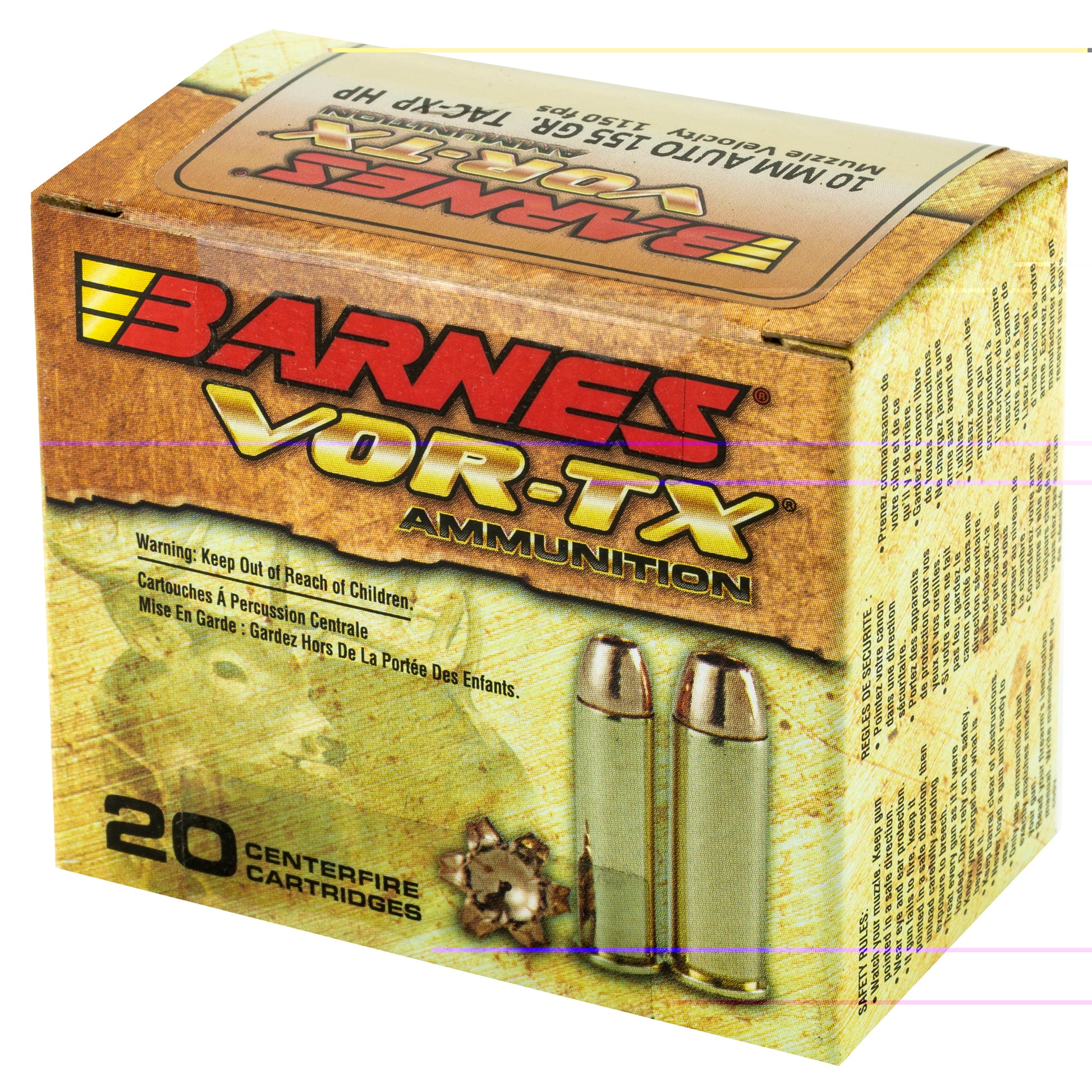 Barnes VOR-TX 10MM, 155 Grain, XPB, Jacketed Hollow Point, JHP, Lead Free, 20 Round Box, California Certified Nonlead Ammunition