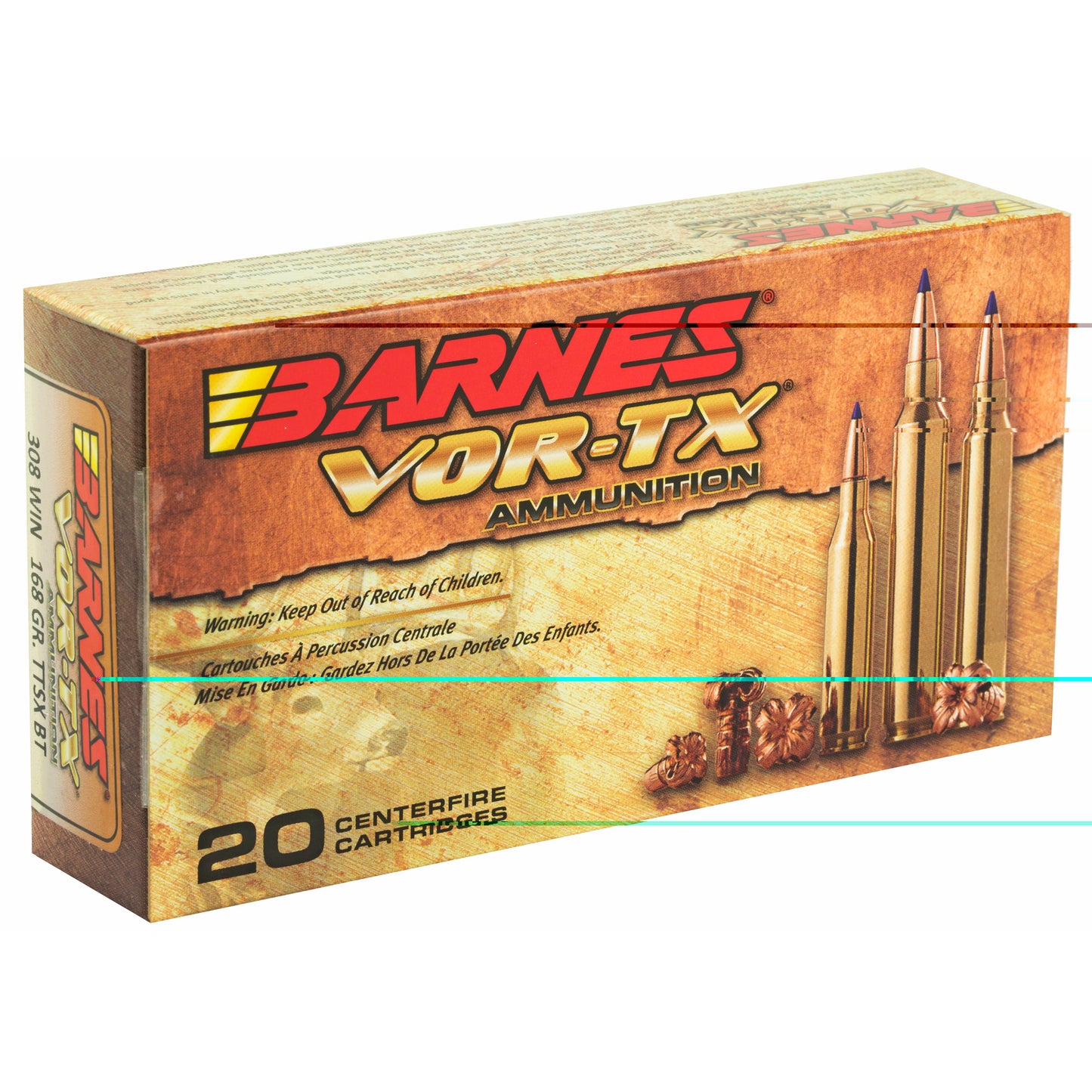 Barnes, VOR-TX, 308WIN, 168 Grain, Tipped Triple Shock X, Boat Tail, Lead Free, 20 Round Box