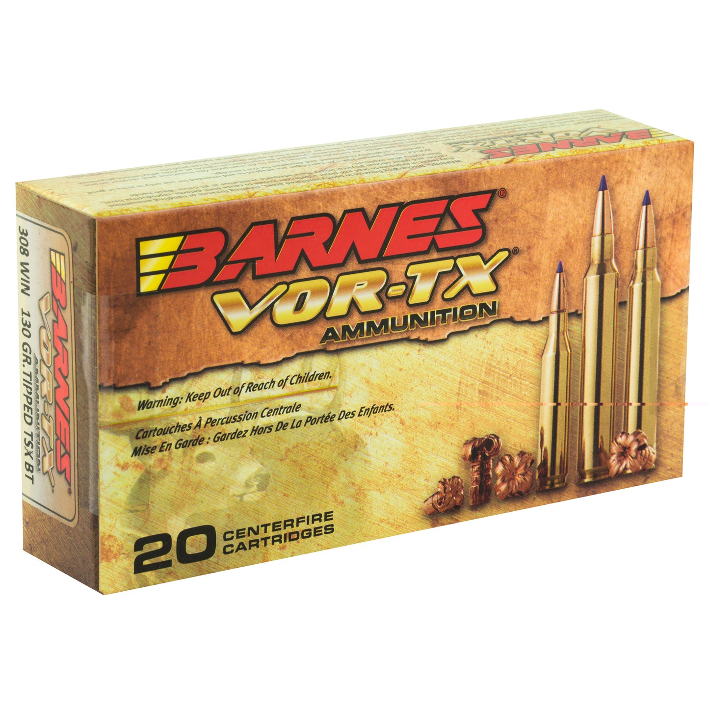 Barnes, VOR-TX, 308 Win, 130Gr, Tipped Triple Shock X, Boat Tail, 20 Round Box, California Certified Nonlead Ammunition