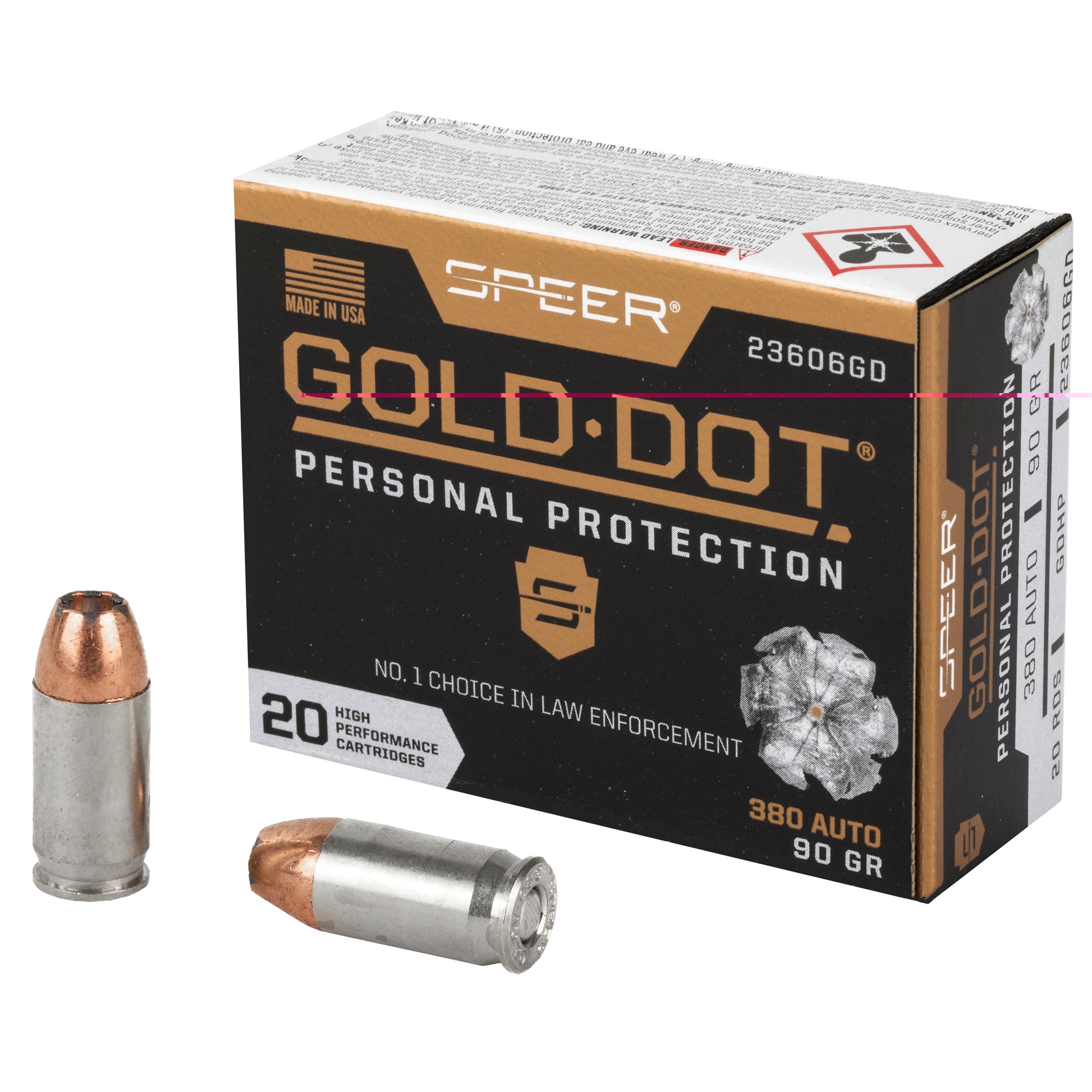 Speer, Gold Dot, Personal Protection, .380 Auto, Automatic Colt Pistol, ACP, 90 Gold | Gold Dot Hollow Point, GDHP | 20 Rounds per Box