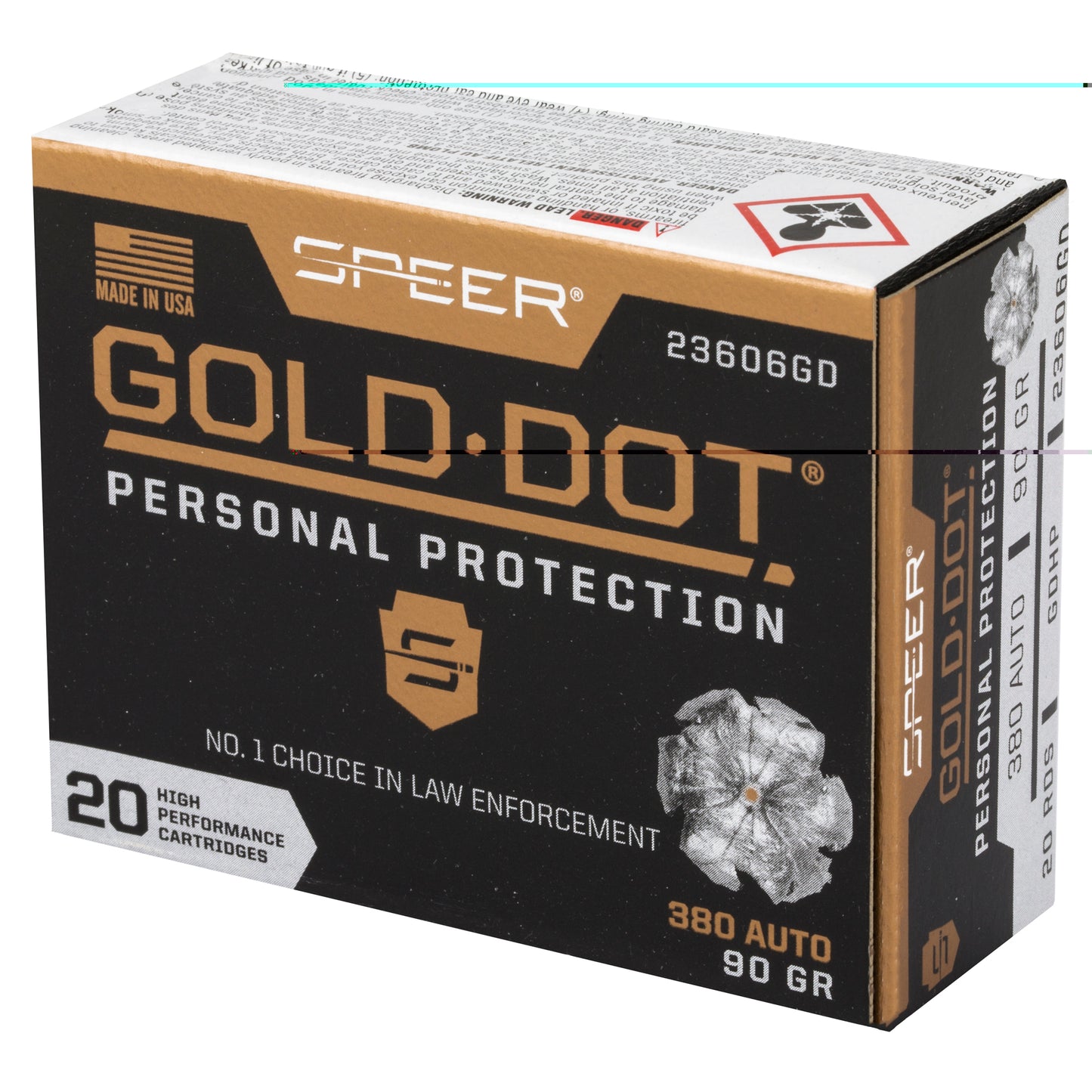 Speer, Gold Dot, Personal Protection, .380 Auto, Automatic Colt Pistol, ACP, 90 Gold | Gold Dot Hollow Point, GDHP | 20 Rounds per Box