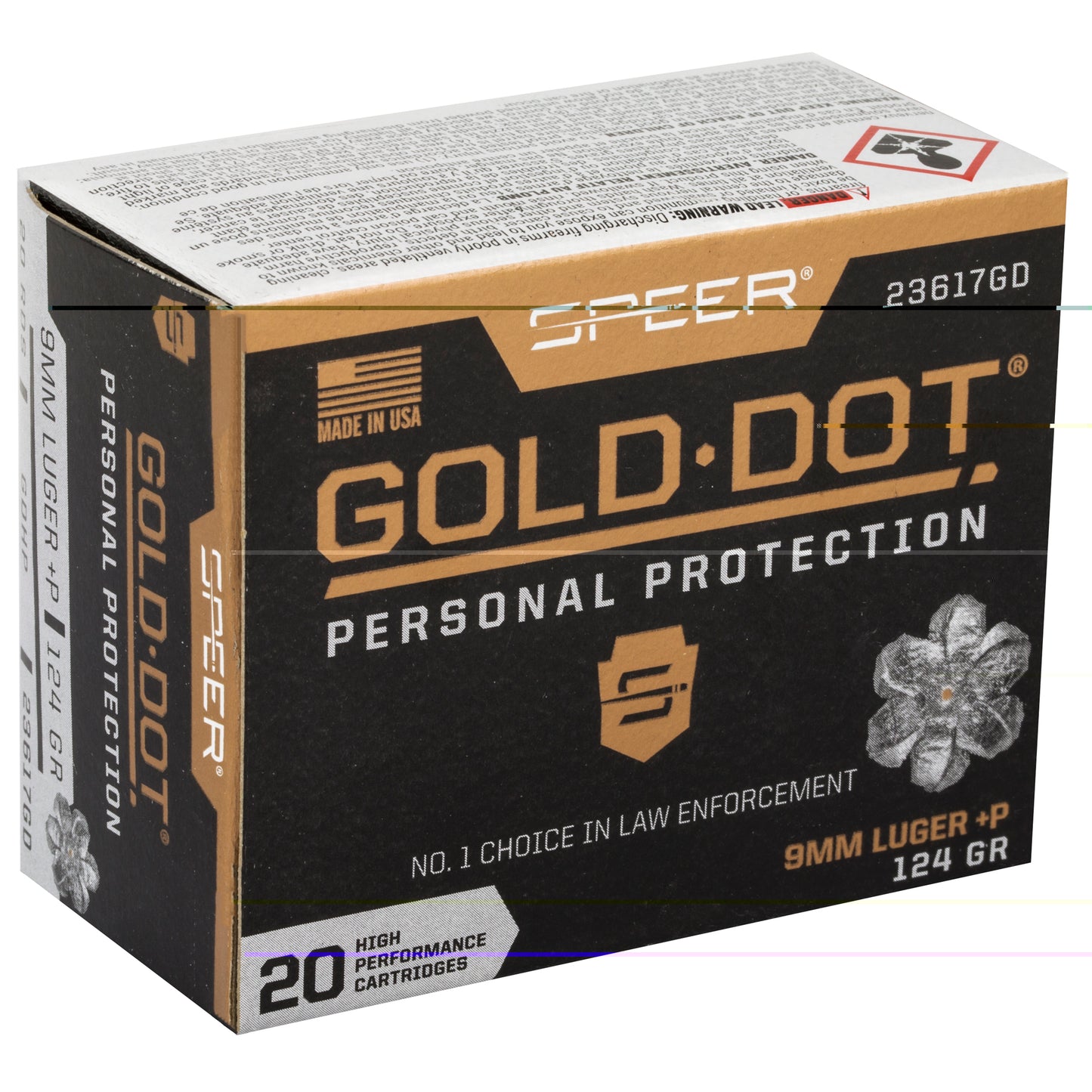 Speer, Gold Dot Personal Defense, 9mm Luger, Overpressure Ammunition, +P, 124 Grain | Gold Dot Hollow Point, GDHP | 20 Round Box 