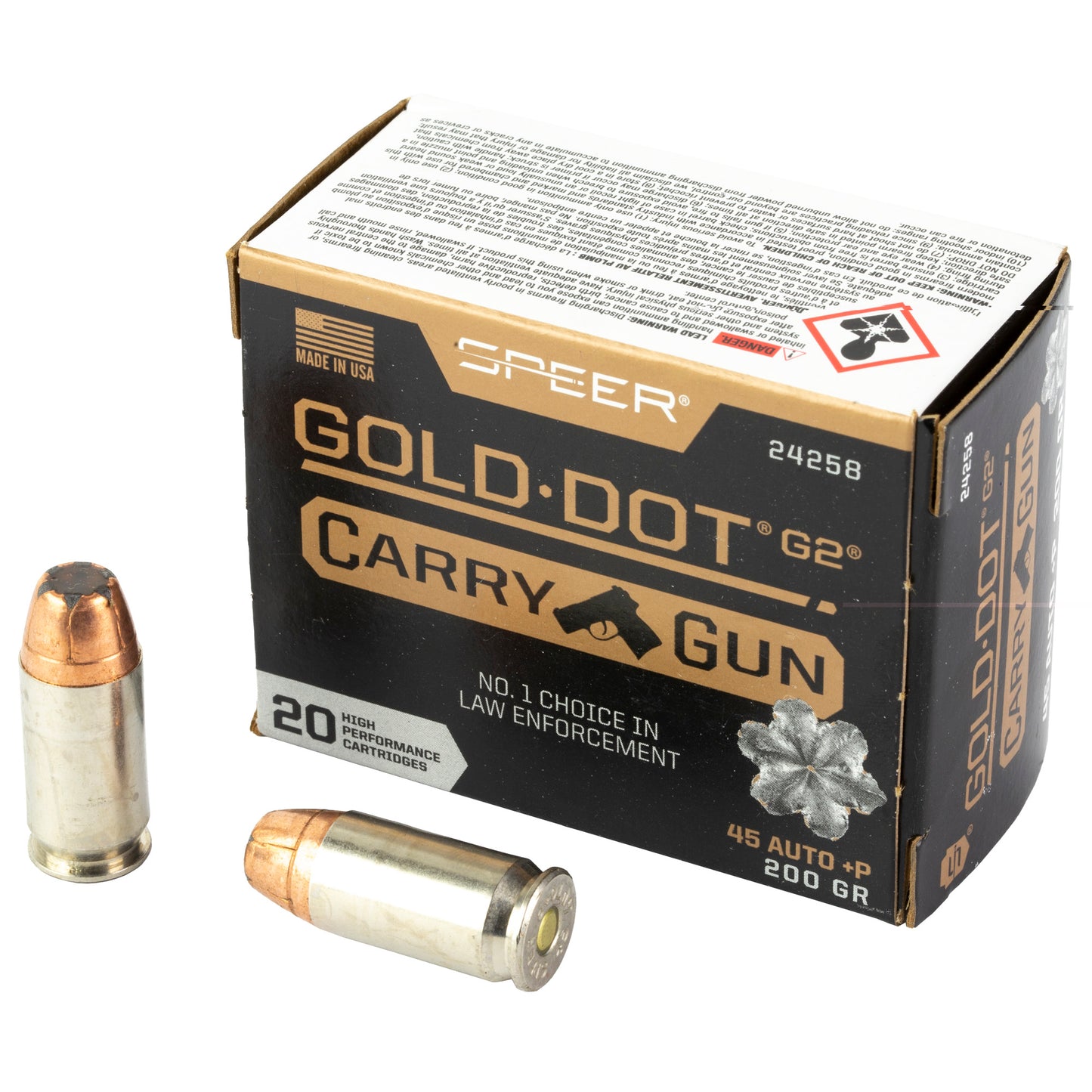 Speer, Gold Dot, Carry Gun, .45 Auto, Overpressure Ammunition, +P, 200 Grain, 20 Rounds per Box