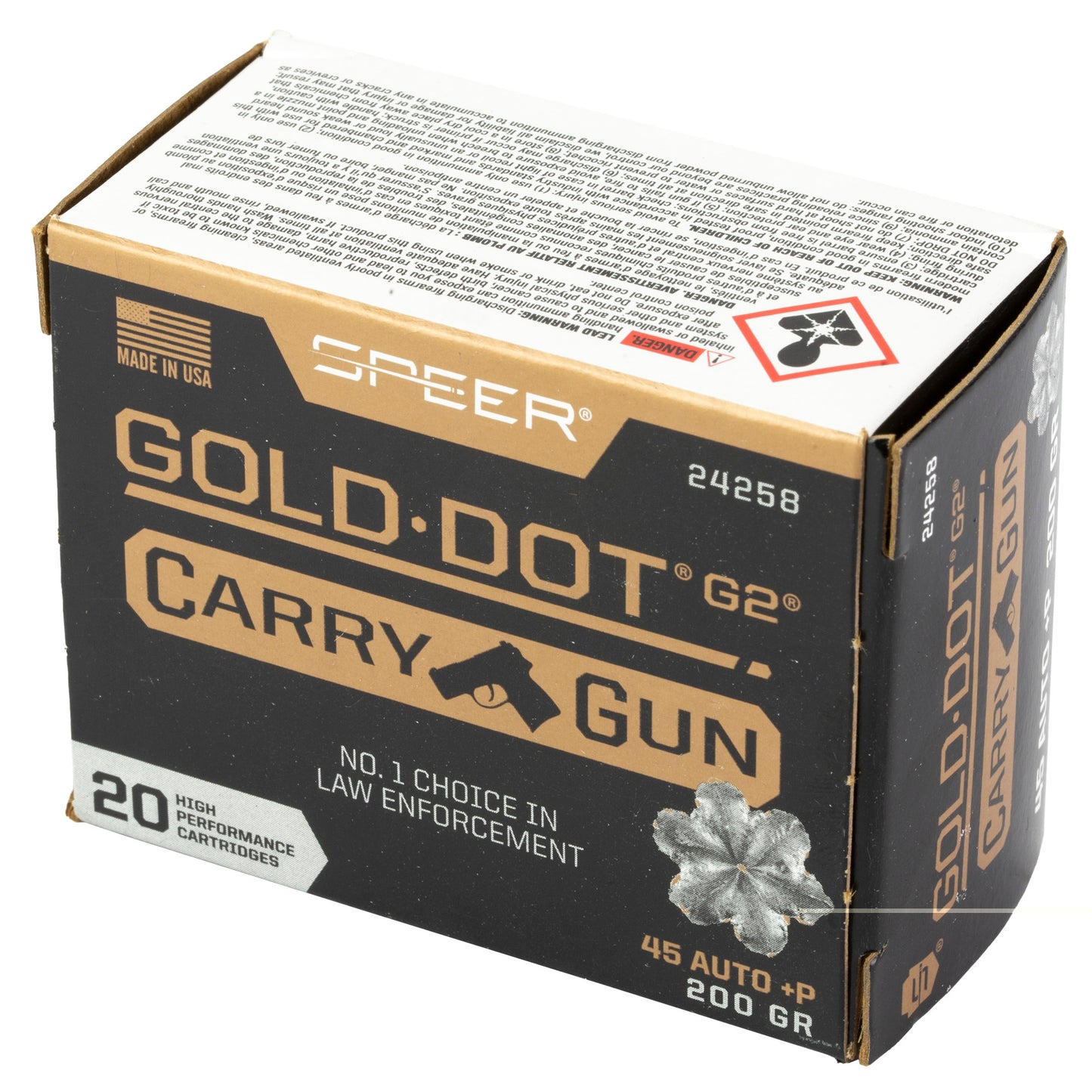 Speer, Gold Dot, Carry Gun, .45 Auto, Overpressure Ammunition, +P, 200 Grain, 20 Rounds per Box