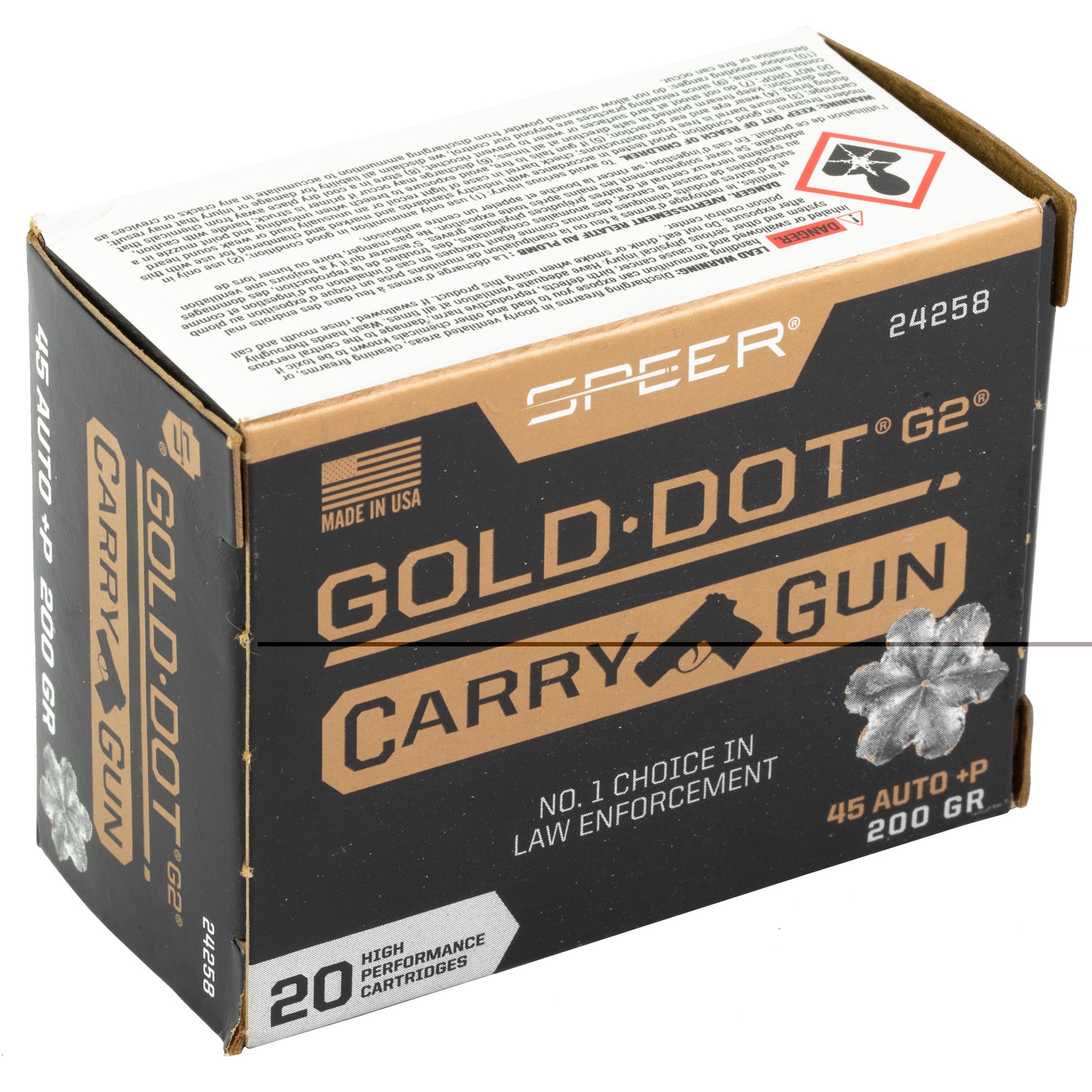 Speer, Gold Dot, Carry Gun, .45 Auto, Overpressure Ammunition, +P, 200 Grain, 20 Rounds per Box