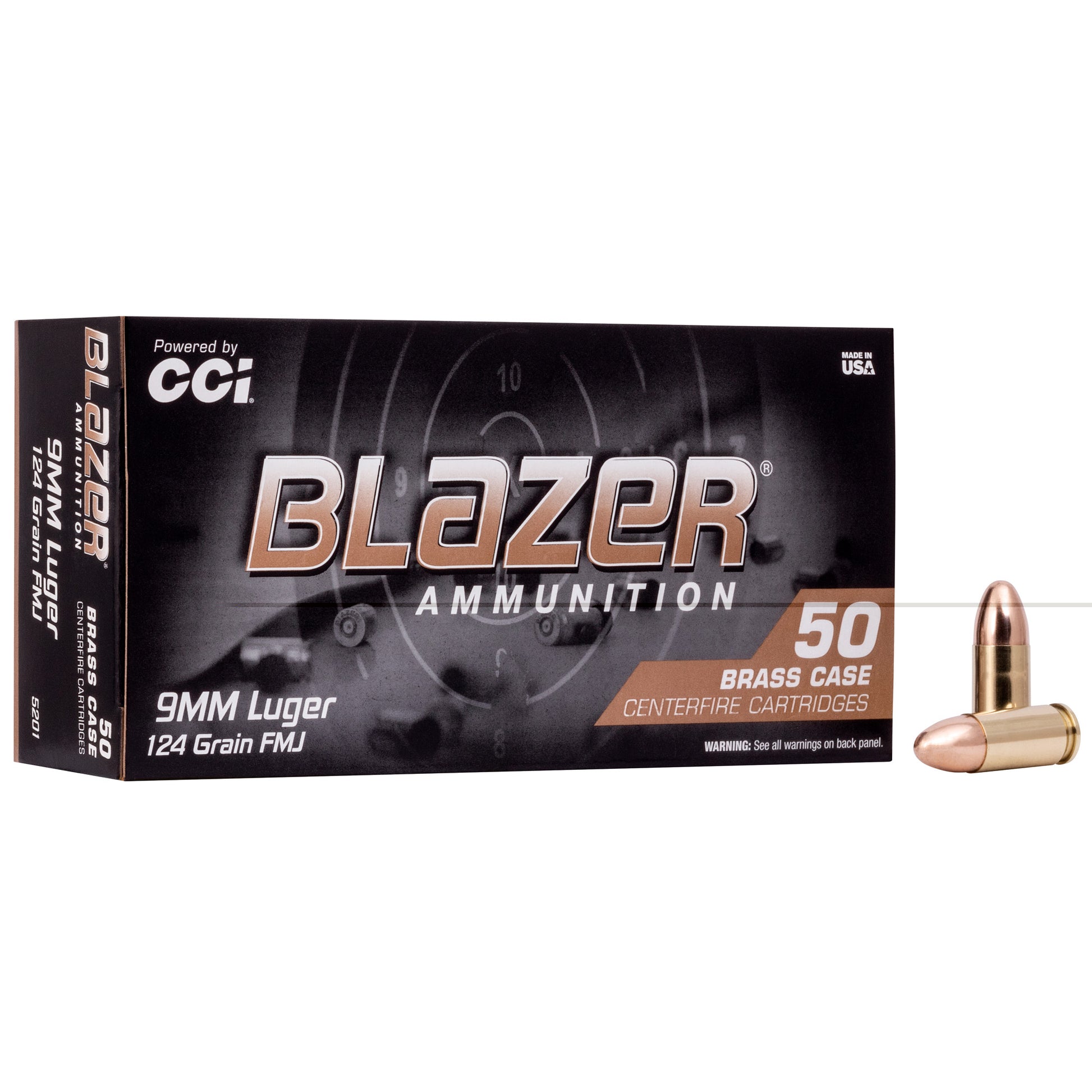 Blazer Ammunition, Blazer Brass, 9MM, 124 Grain, Full Metal Jacket, 50 Round Box