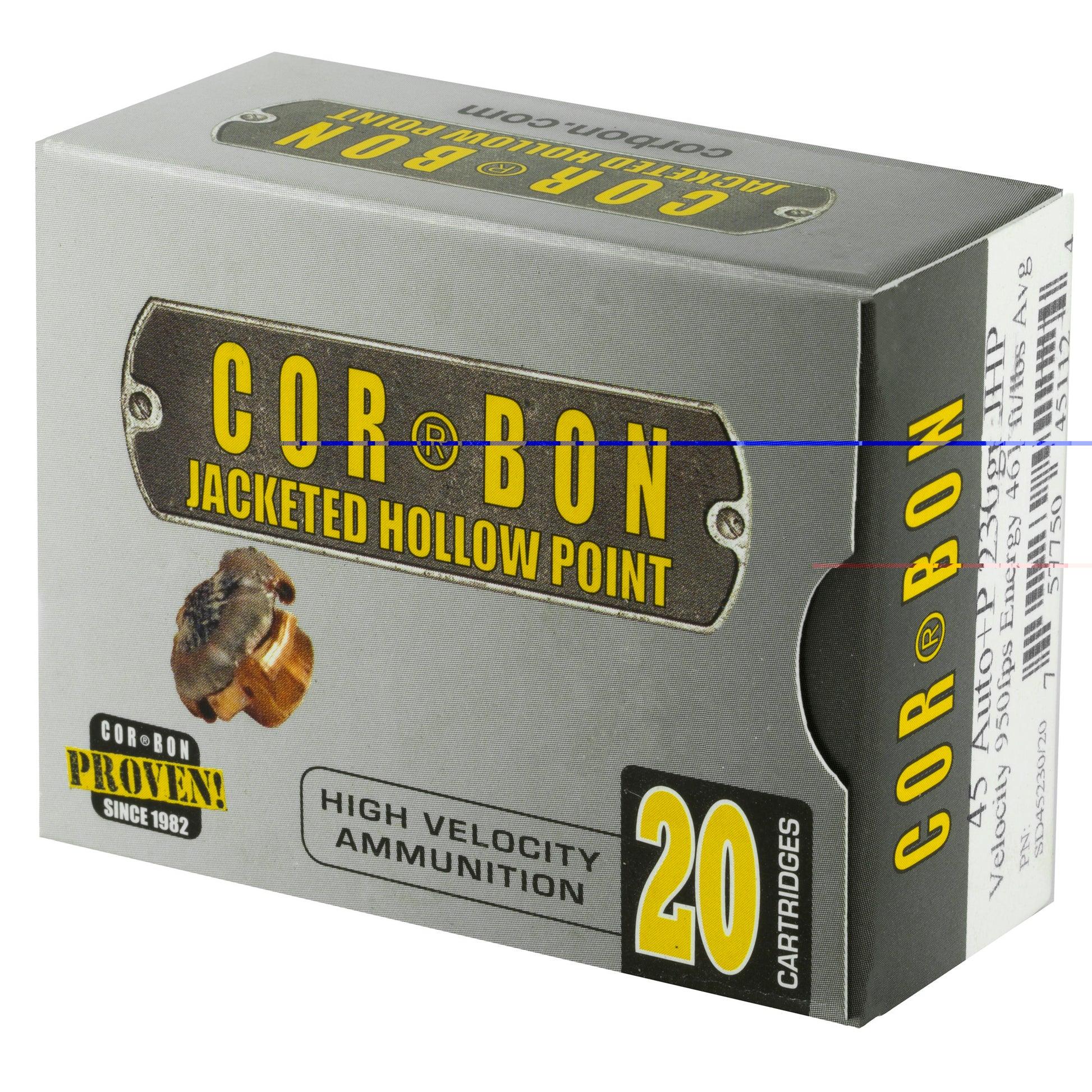 Corbon, .45 Auto, Overpressure Ammunition, +P, Automatic Colt Pistol, ACP, Jacketed Hollow-Point, JHP, 230grain, 20 Rounds per Box 