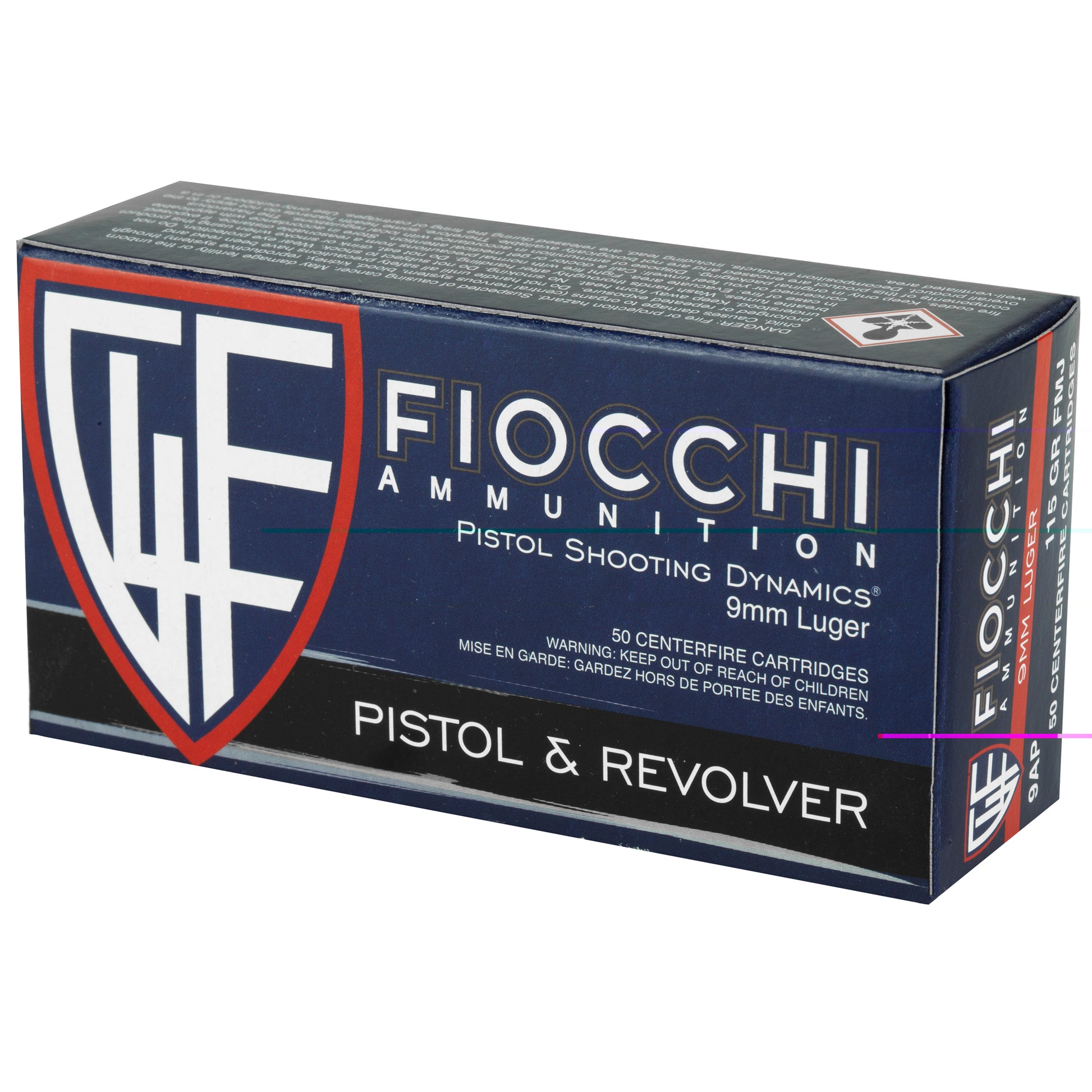 Fiocchi, 9mm Luger, 115 Grain | Full Metal Jacket, FMJ | 50 Round Box 