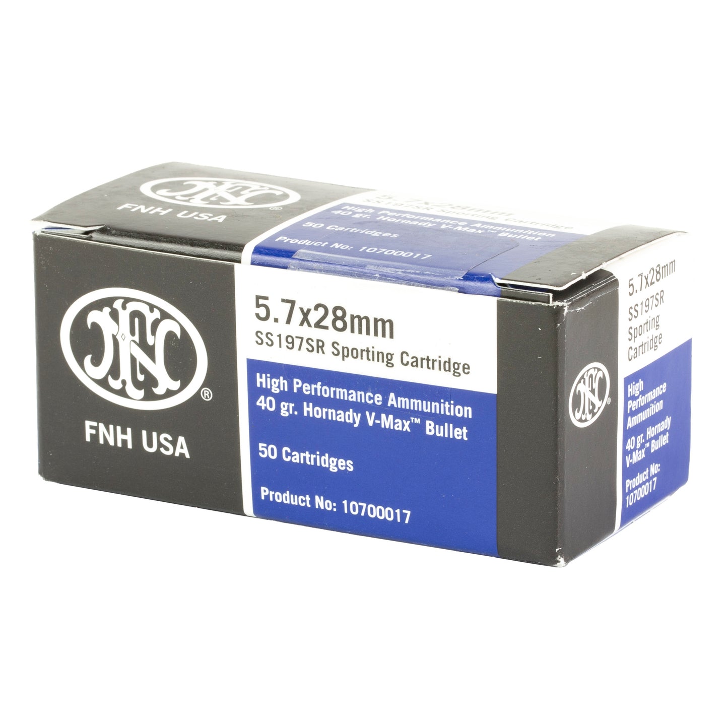 FNH USA, SS197, Sporting Cartridge, SR, 5.7x28mm, High Performance Ammunition, 40 Grain, Hornady V-Max Bullet, 50 Rounds per Box