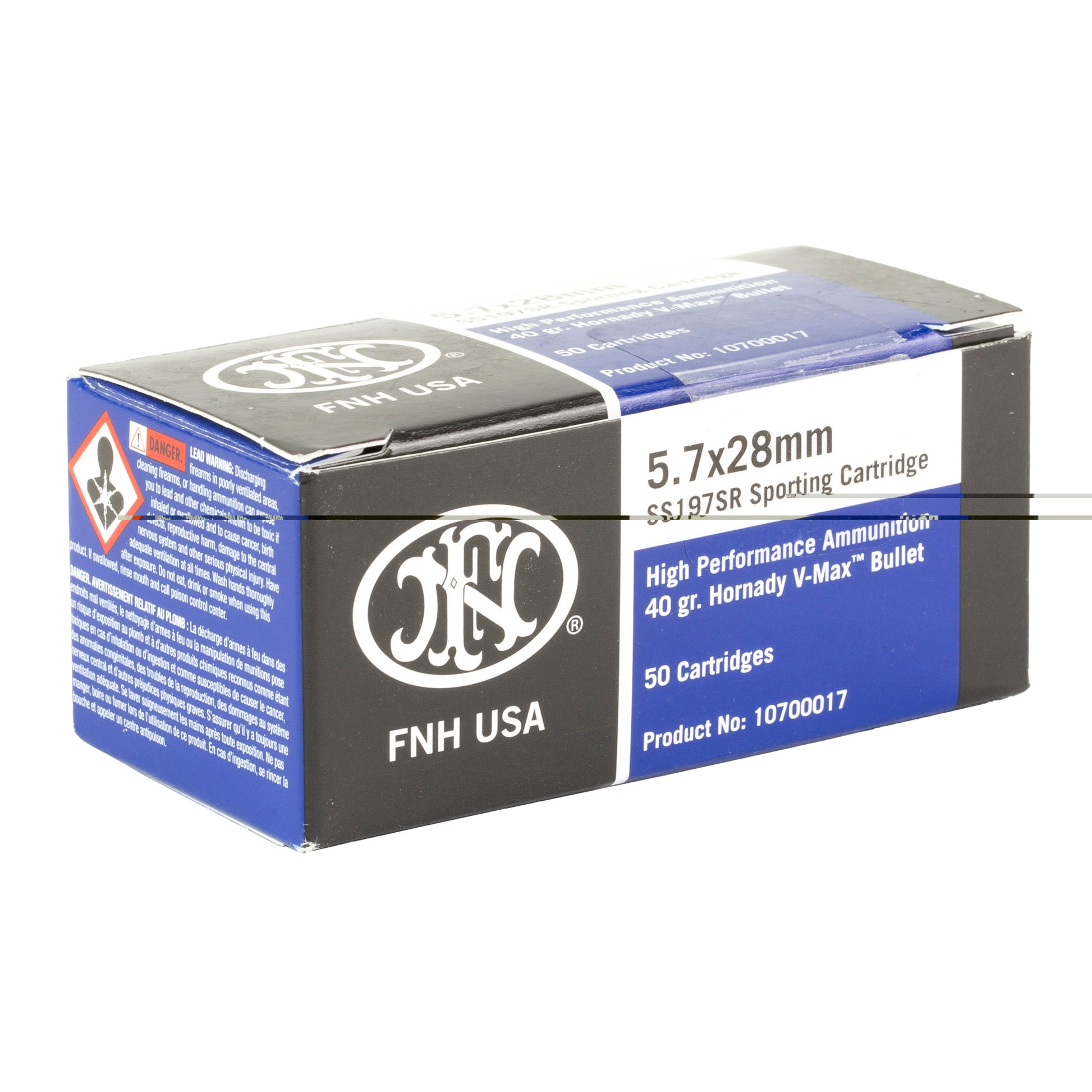 FNH USA, SS197, Sporting Cartridge, SR, 5.7x28mm, High Performance Ammunition, 40 Grain, Hornady V-Max Bullet, 50 Rounds per Box