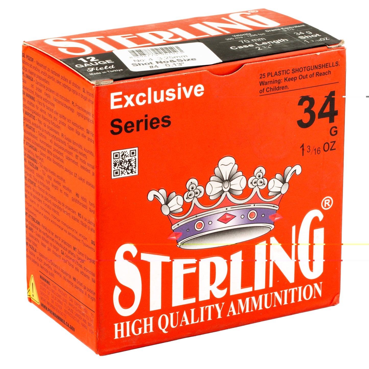 Sterling, Exclusive Series, 12 Gauge 2.75", #4, 1 3/16 oz, Shot Shell  (25 Round Box)