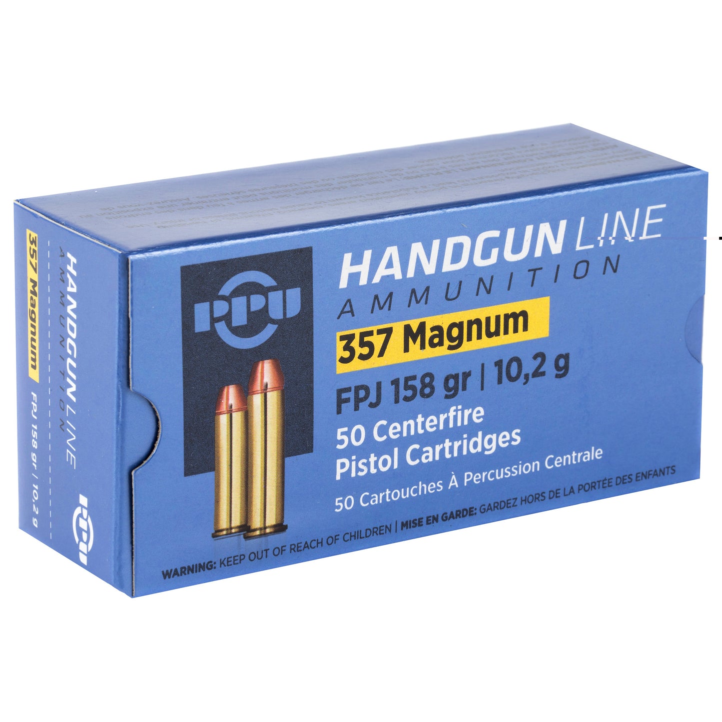 PPU, Handgun Line Ammunition, .357 Magnum, 158 Grain | Flat Point Jacket, FPJ | 50 Rounds per Box 