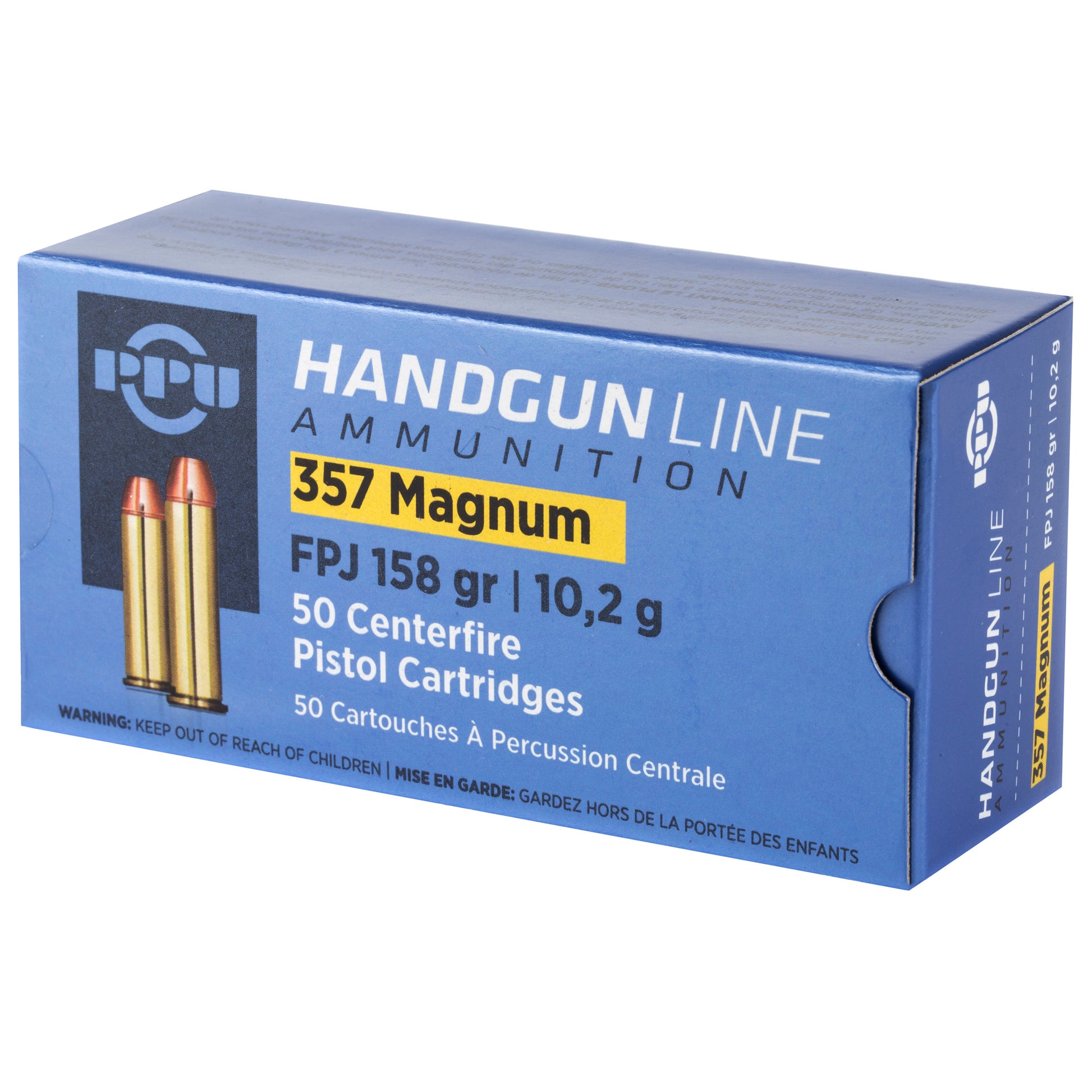 PPU, Handgun Line Ammunition, .357 Magnum, 158 Grain | Flat Point Jacket, FPJ | 50 Rounds per Box 