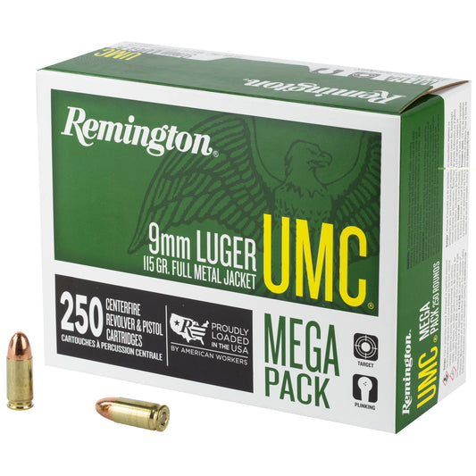 Remington, UMC, 9mm Luger, 115 Grain | Full Metal Jacket, FMJ | Mega Pack 250 Rounds per Box 