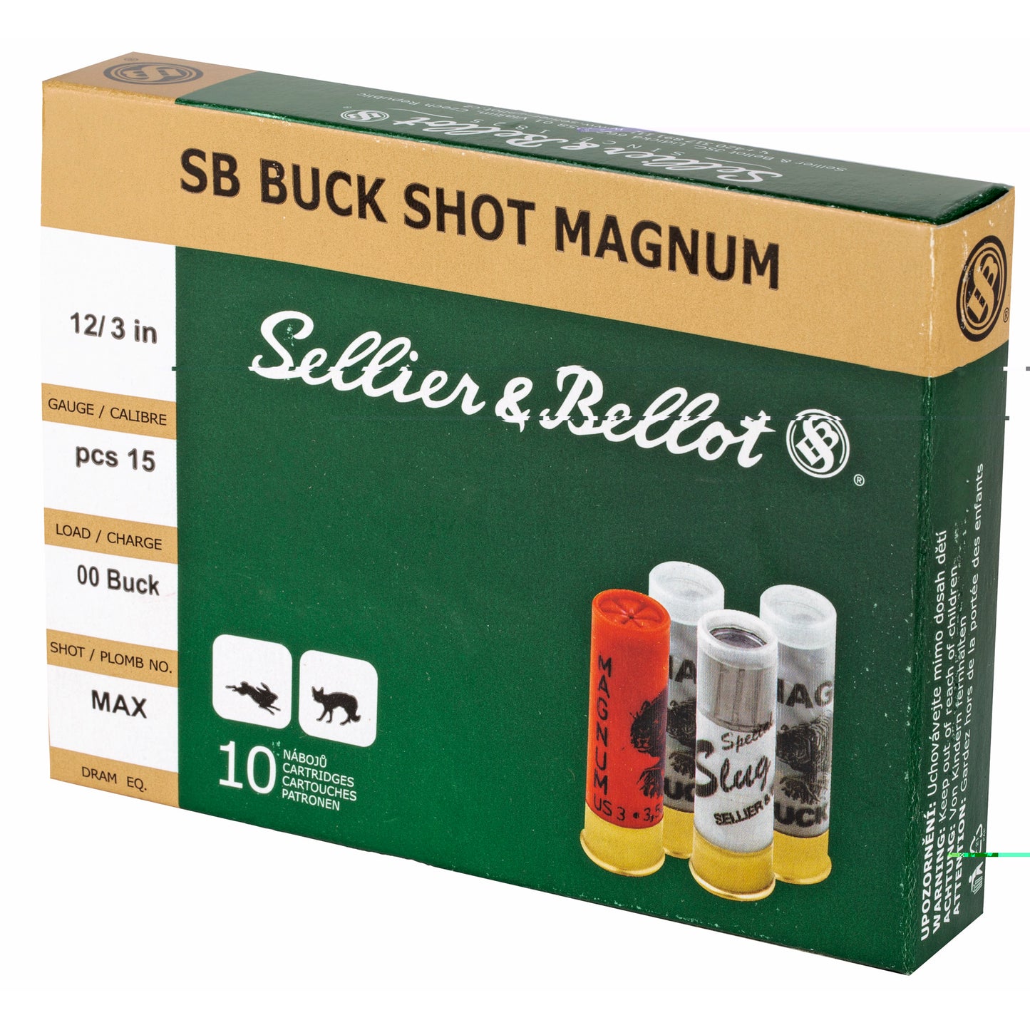 Sellier & Bellot, Shotshell, 12 Gauge, 3", 00 Buck, 15 Pellets  (10 Round Box)