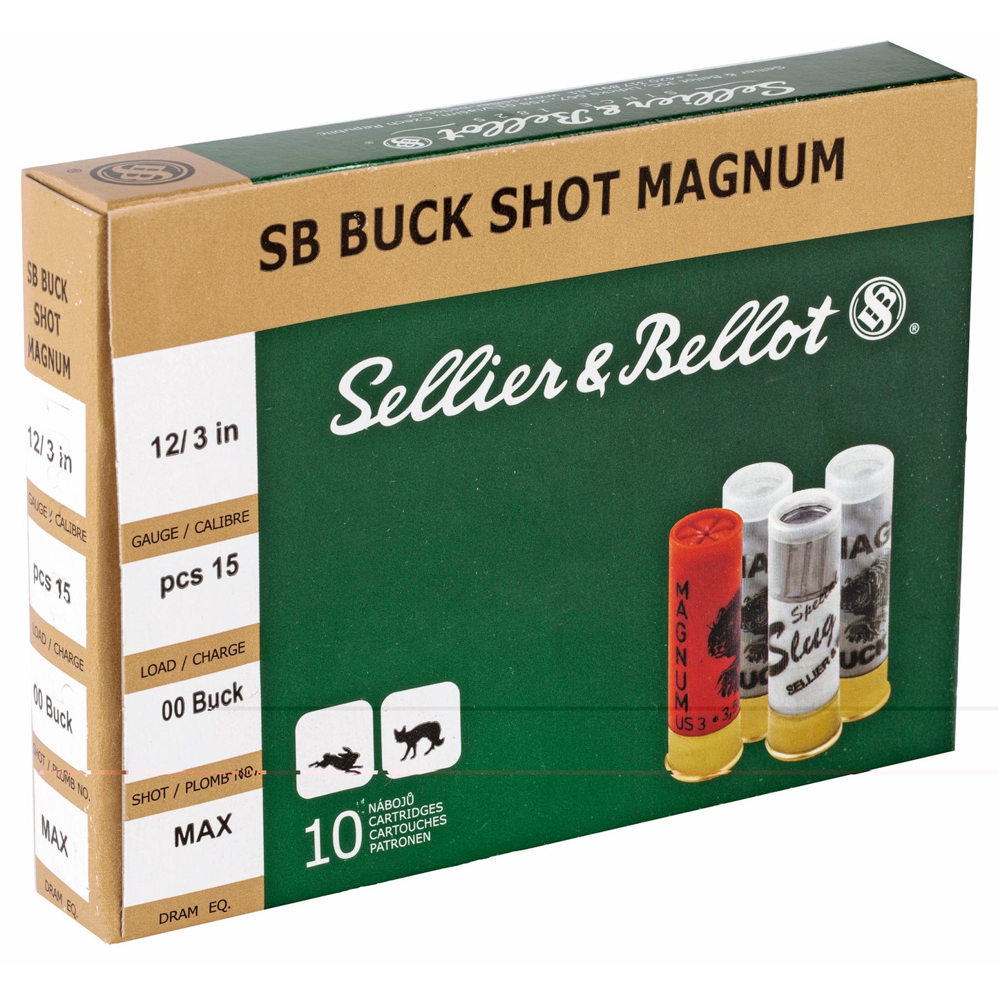 Sellier & Bellot, Shotshell, 12 Gauge, 3", 00 Buck, 15 Pellets  (10 Round Box)