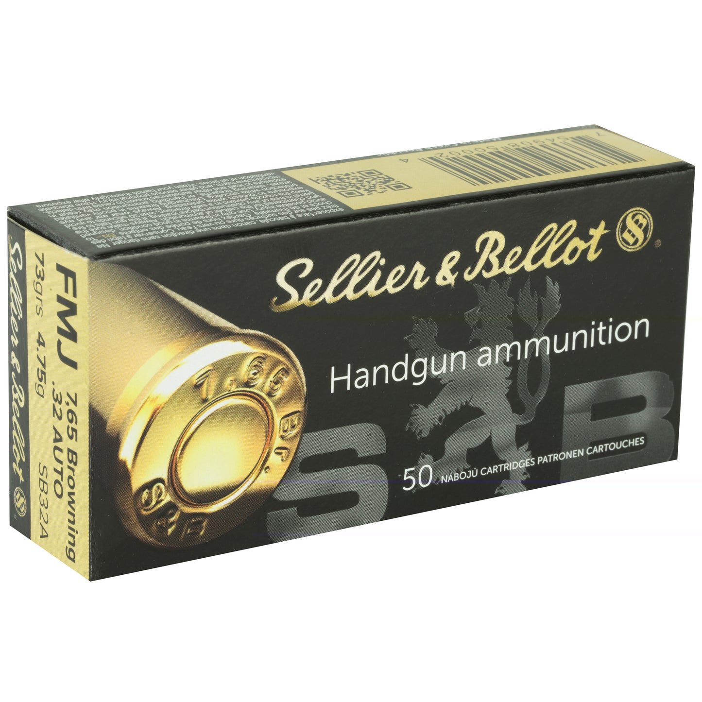 Sellier & Bellot Handgun Ammunition, .32, Automatic Colt Pistol, ACP, 73 Grain | Full Metal Jacket, FMJ | 50 Rounds per Box