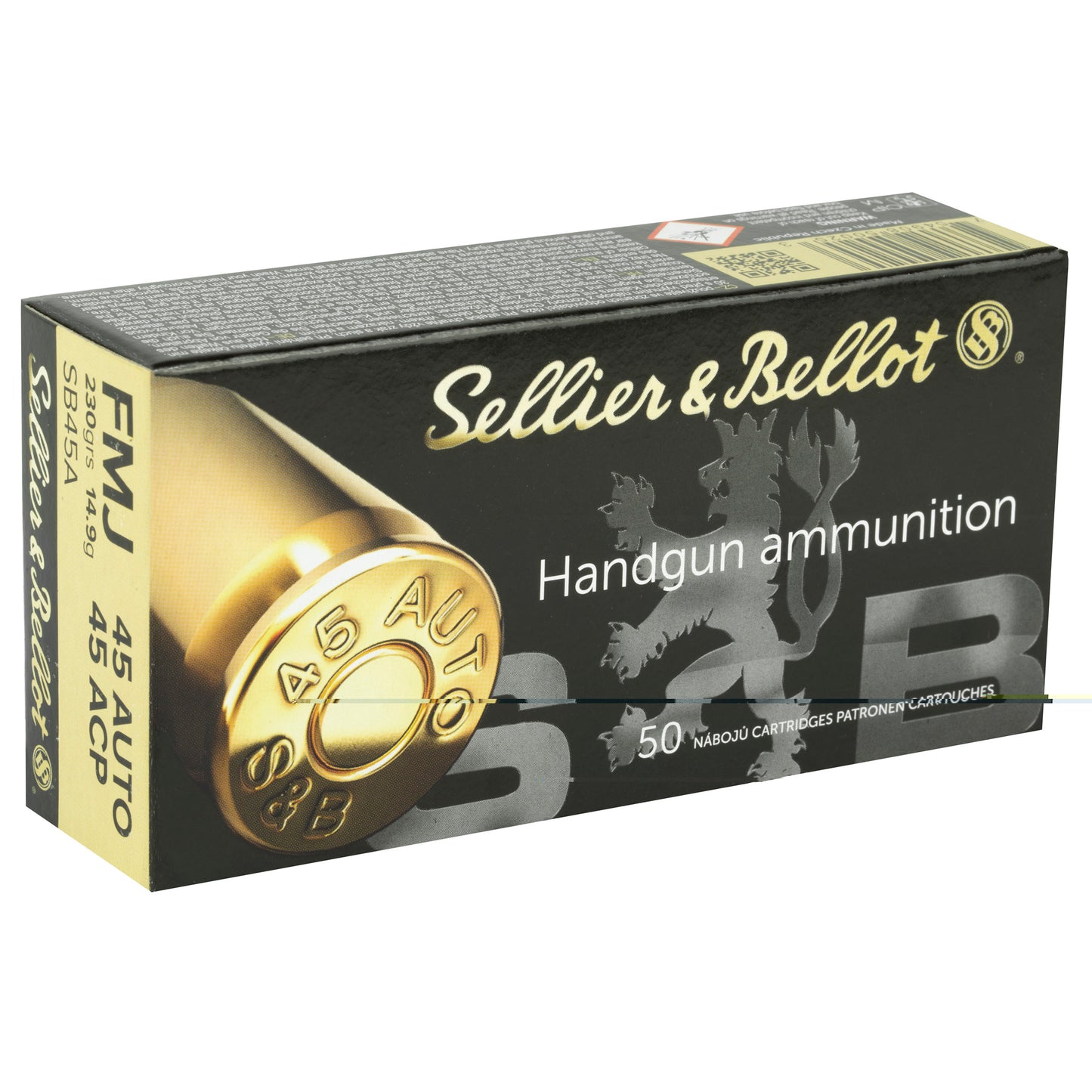 Sellier & Bellot, Handgun Ammunition, .45 Auto, Automatic Colt Pistol, ACP, 230 Grain | Full Metal Jacket, FMJ | 50 Rounds per Box 