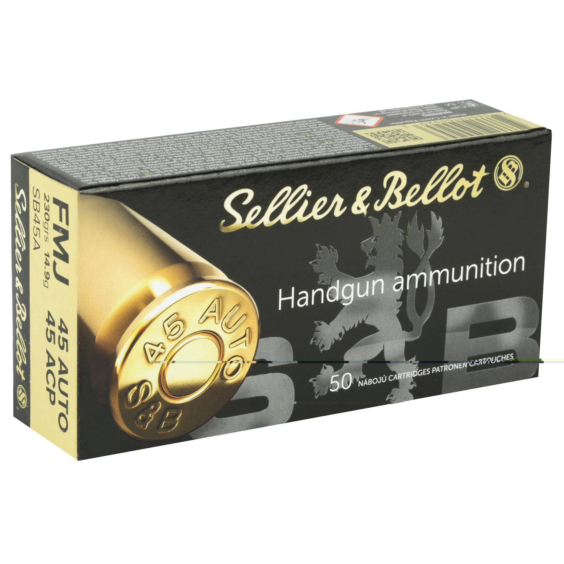 Sellier & Bellot, Handgun Ammunition, .45 Auto, Automatic Colt Pistol, ACP, 230 Grain | Full Metal Jacket, FMJ | 50 Rounds per Box 