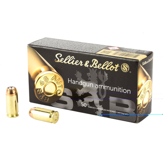 Sellier & Bellot Ammunition, .45 Auto, Automatic Colt Pistol, ACP, 230 Grain | Jacketed Hollow-Point, JHP | 50 Rounds per Box