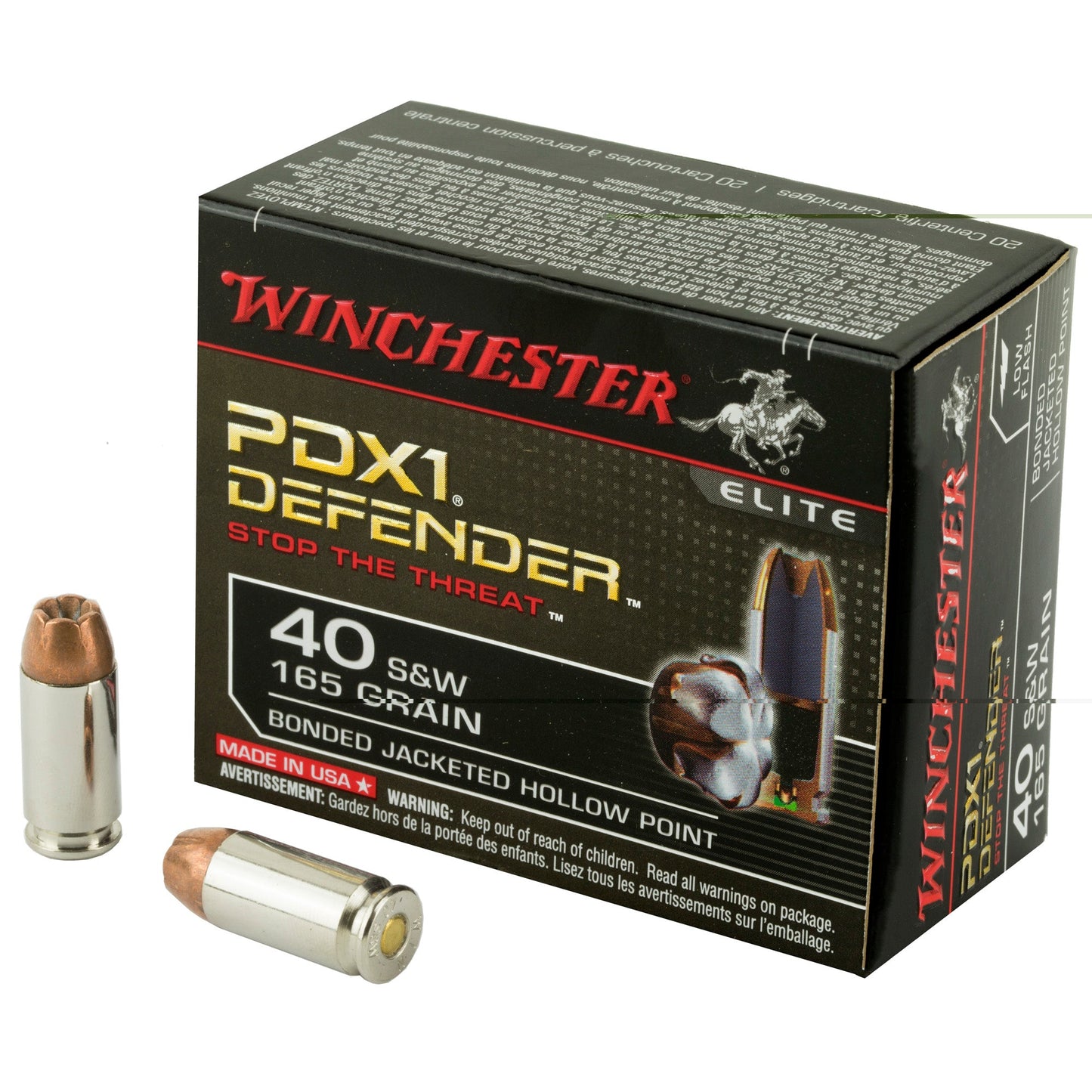 Winchester Ammunition, Defender, Supreme Elite, 40S&W, 165 Grain, Bonded Jacketed Hollow Point, PDX1, (200 Round Case)